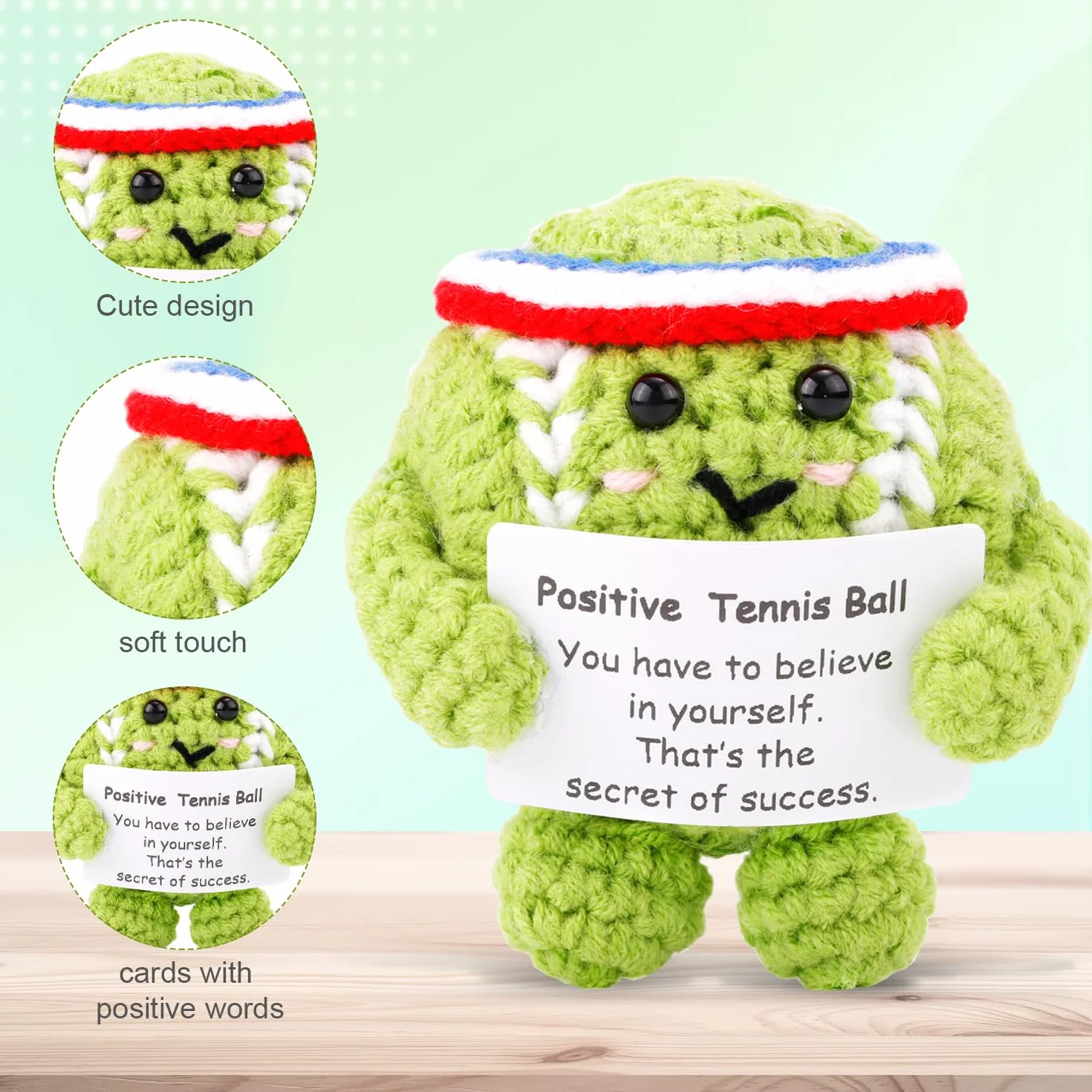 TOYMIS Balle de Tennis au Crochet Poupée Tricotée Positive Jouet avec Carte pour Amateurs de Sport