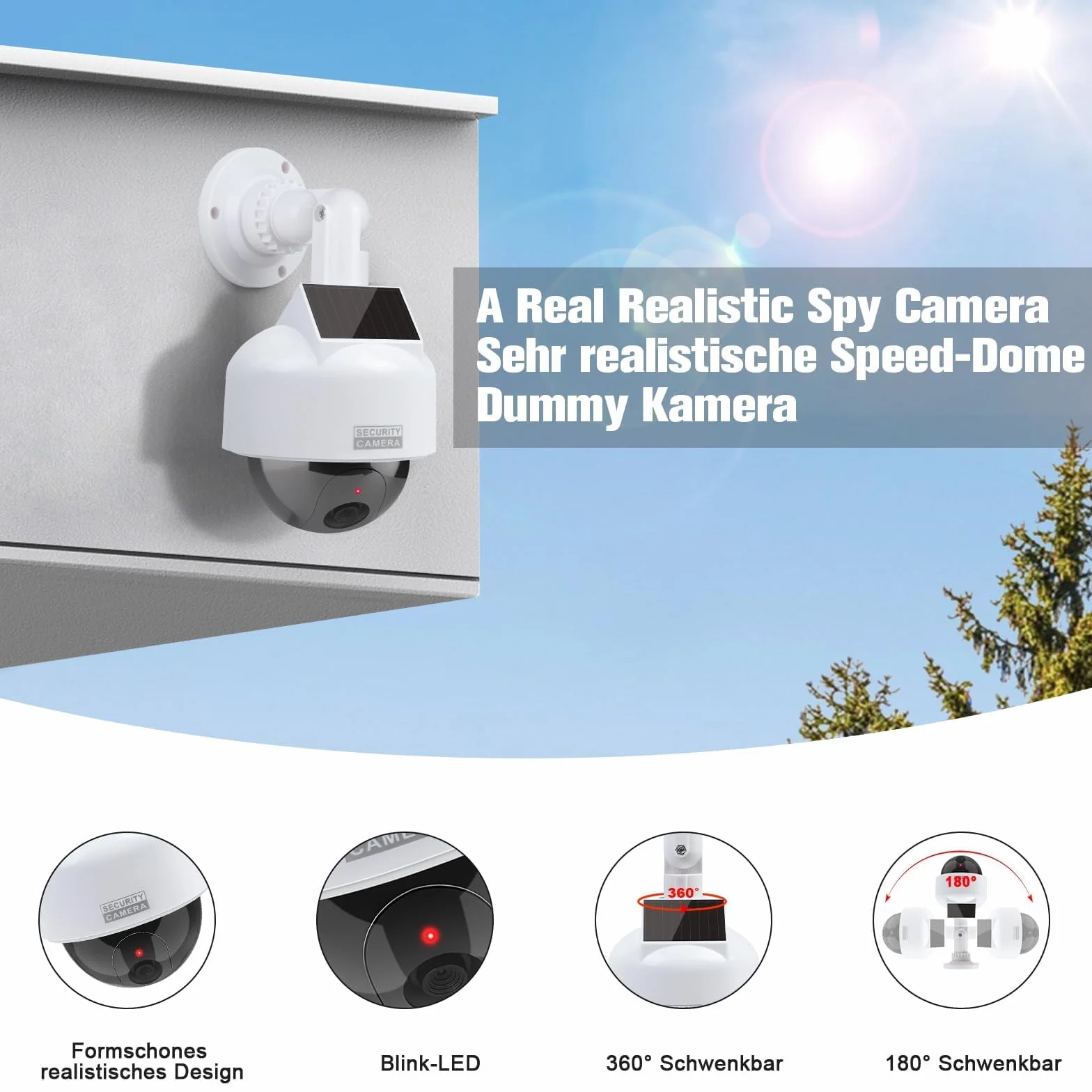 ERWEY Caméra Solaire factice factice avec Objectif - Caméra de Surveillance factice - pour l'intérieur et l'extérieur