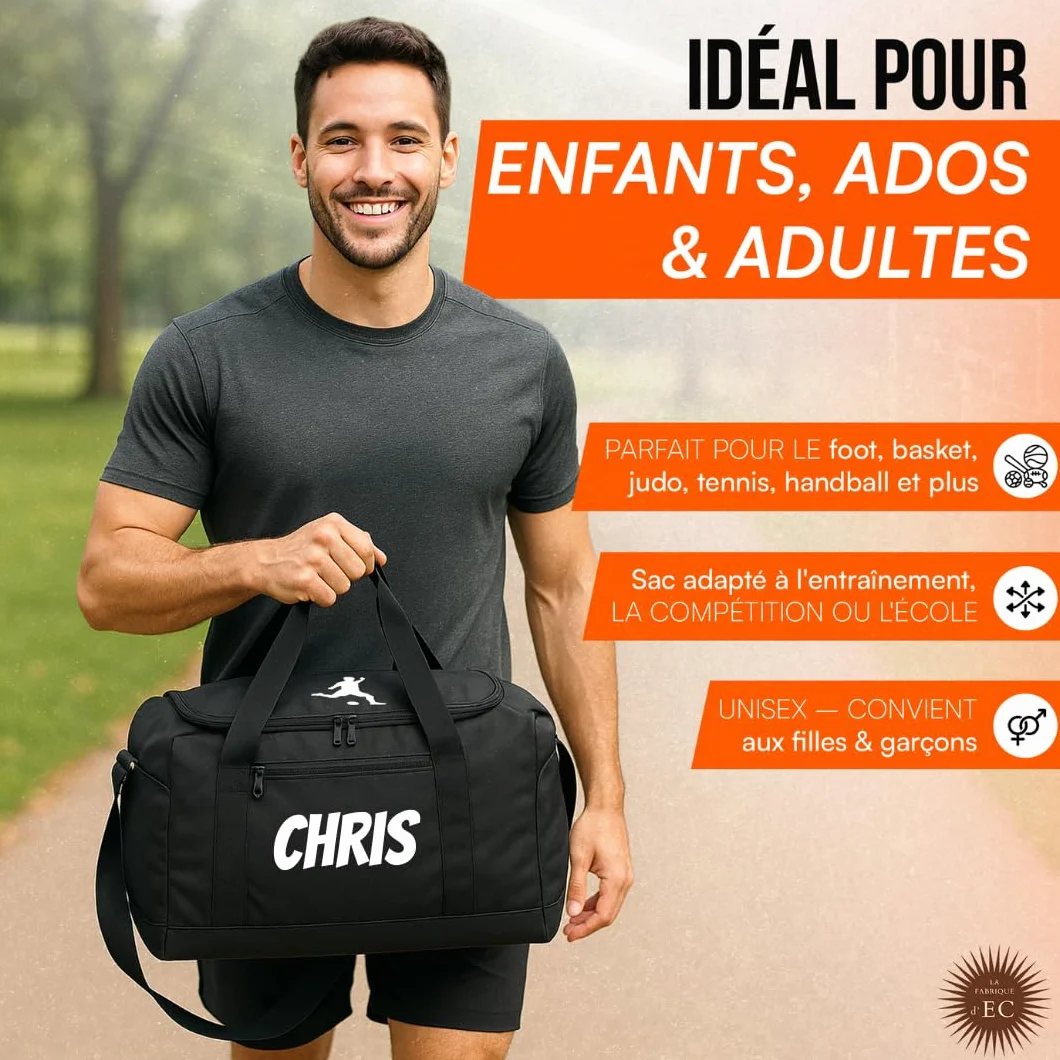 Sac de Sport Multi Sports personnalisé Motif Foot Basket Handball Judo Tennis Prénom