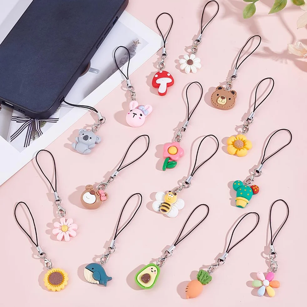 Mignon Résine Téléphone Breloques Sangle 8.5-9cm Ours Lapin Koala Champignon Abeille Fleur Pendentifs Porte Clés Décoration