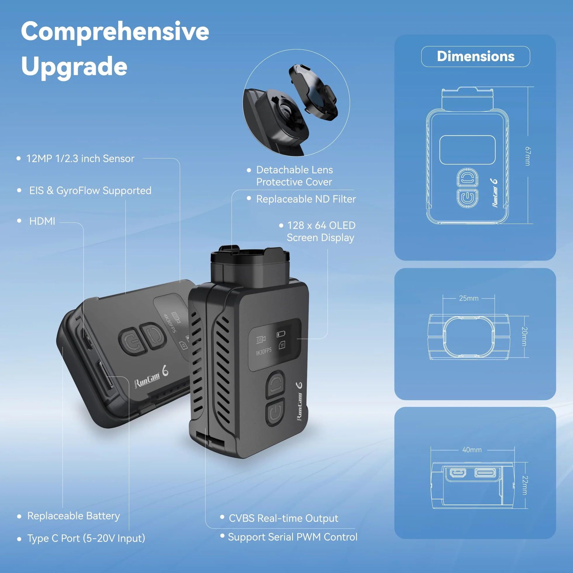 RunCam Caméra d'action FPV 6 4K, mini caméra vidéo HD avec EIS & GyroFlow HDMI PWM pris en charge pour avion radiocommandé fusée RC voiture drone Airsoft Outdoor Sport - Option 1