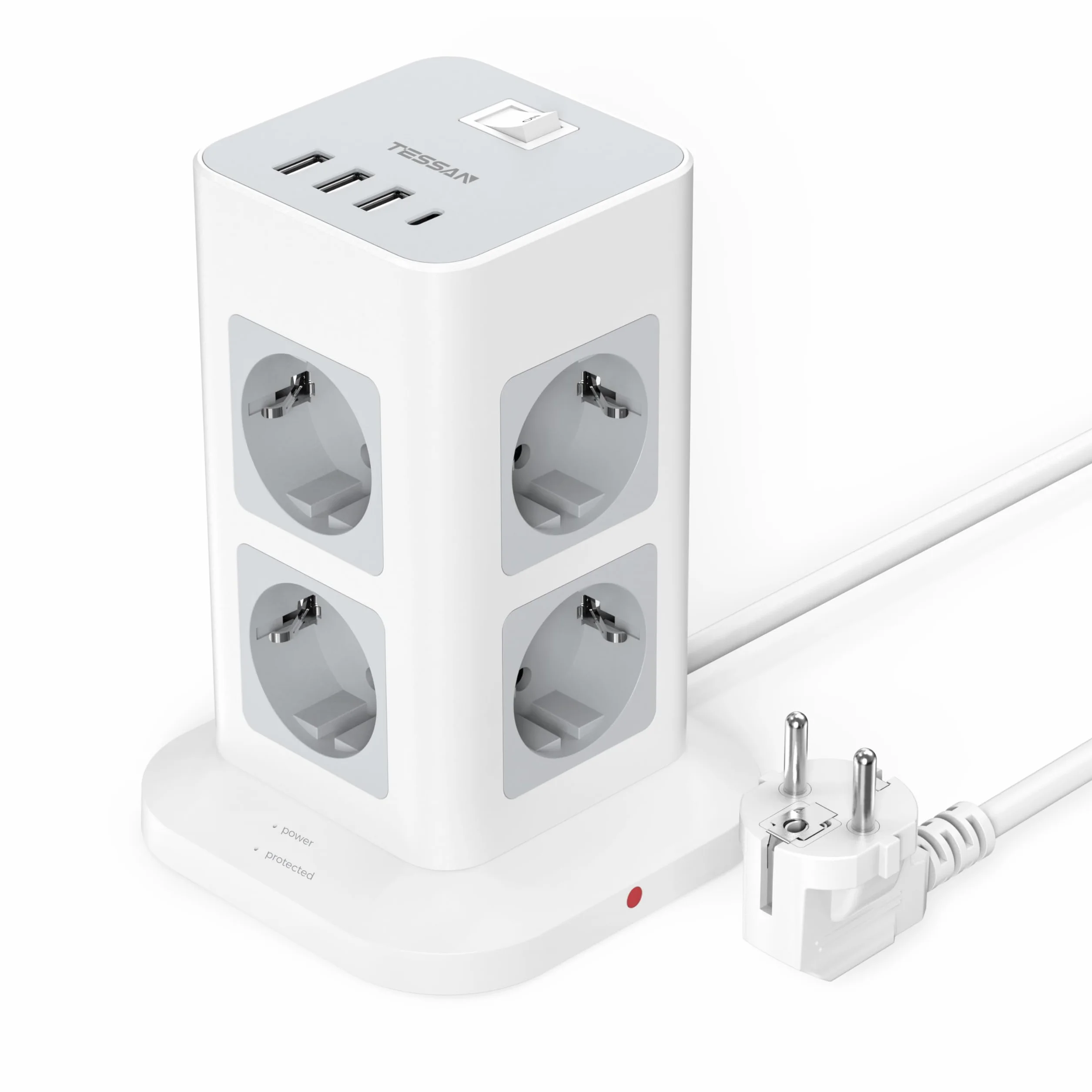 TESSAN Tour Multiprise 8 Sorties AC avec 4 USB (3A1C), Multiprise avec Interrupteur Rallonge Electrique 2m, Prise Multiple 3600W Parafoudre et Surtension, Convient pour Maison, Bureau, Gris