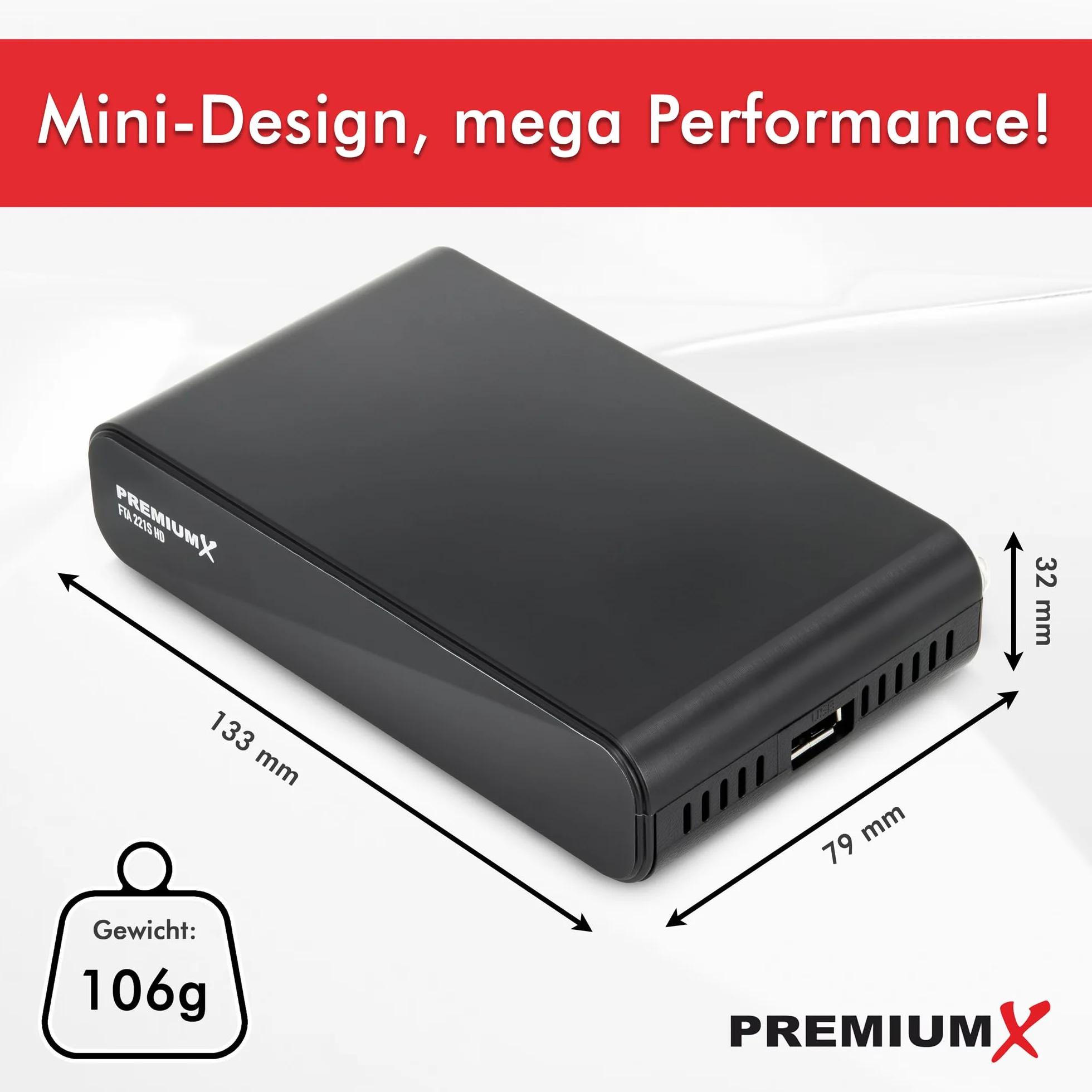 Récepteur satellite Premium X HD 221S – Récepteur satellite numérique DVB-S2 FTA, compatible avec Unicable, HDMI et péritel, lecteur multimédia USB, émetteur allemand compact préinstallé