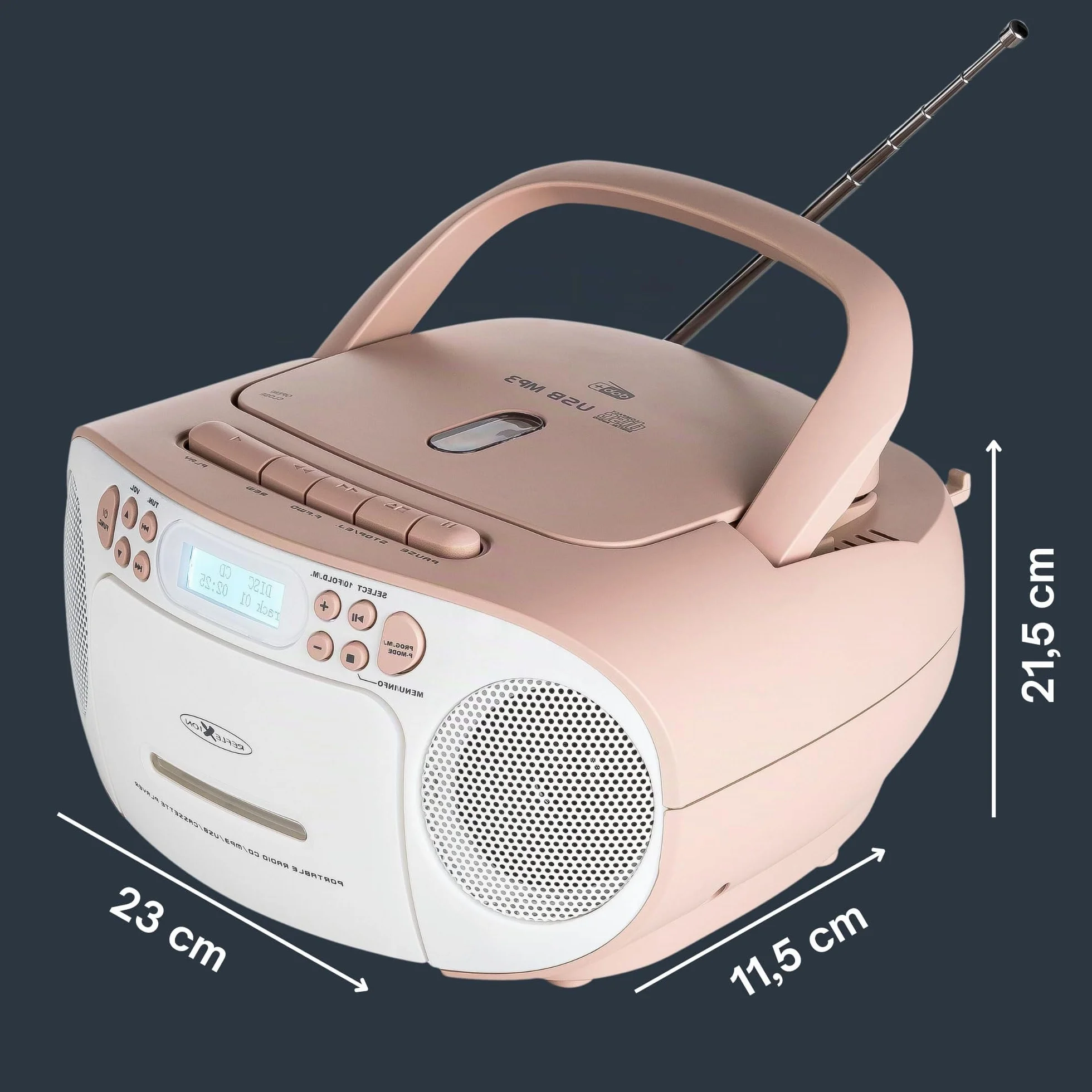 Reflexion RCR2260 Lecteur CD Cassette Radio FM PLL écran LCD AUX Prise Casque Blanc Rose