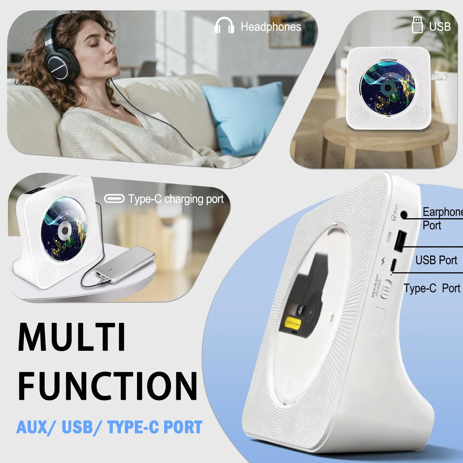 Lecteur CD Bluetooth Portable avec Radio FM, Haut-Parleurs Double, USB/AUX, Télécommande