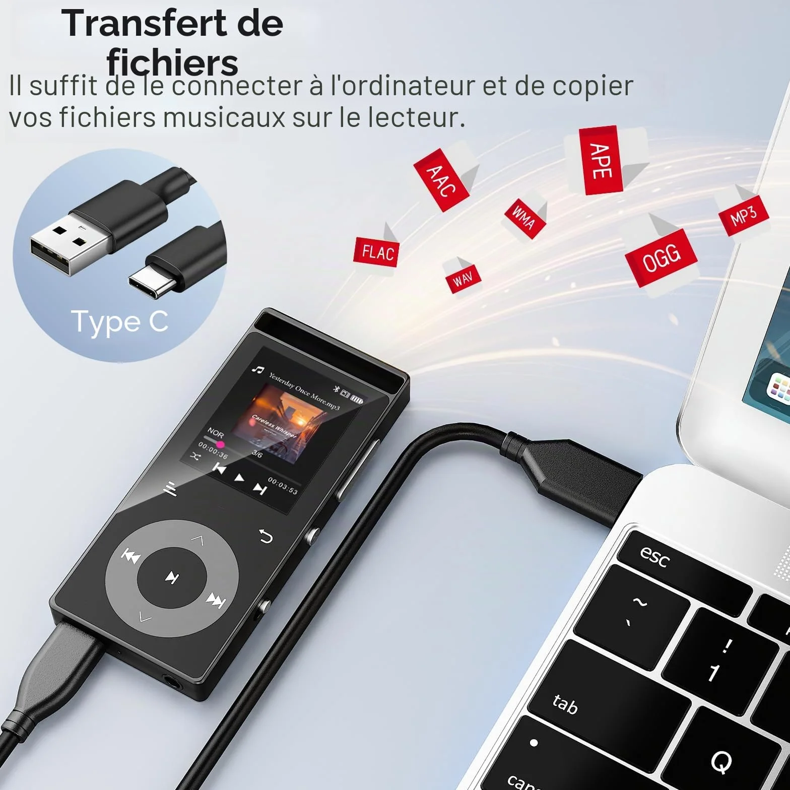 Lecteur Mp3 Bluetooth 5.3 Son HiFi, Boutons Tactiques, Structure Métall, Écran Couleur, Extension 128Go, Écouteurs Inclus Noir