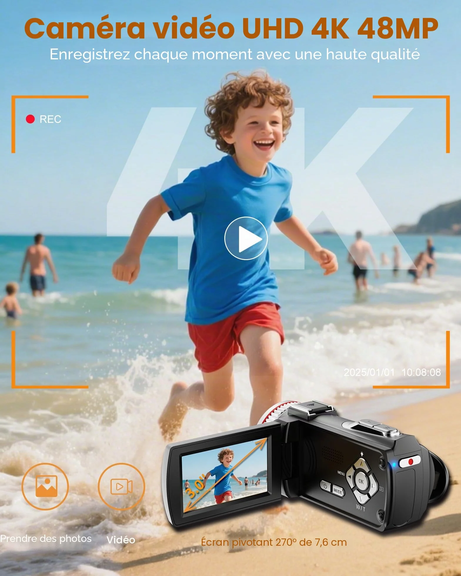 Caméscope 4K 48X Zoom Numérique 21X Vlogging Caméra avec Carte 32 Go, Microphone, Télécommande