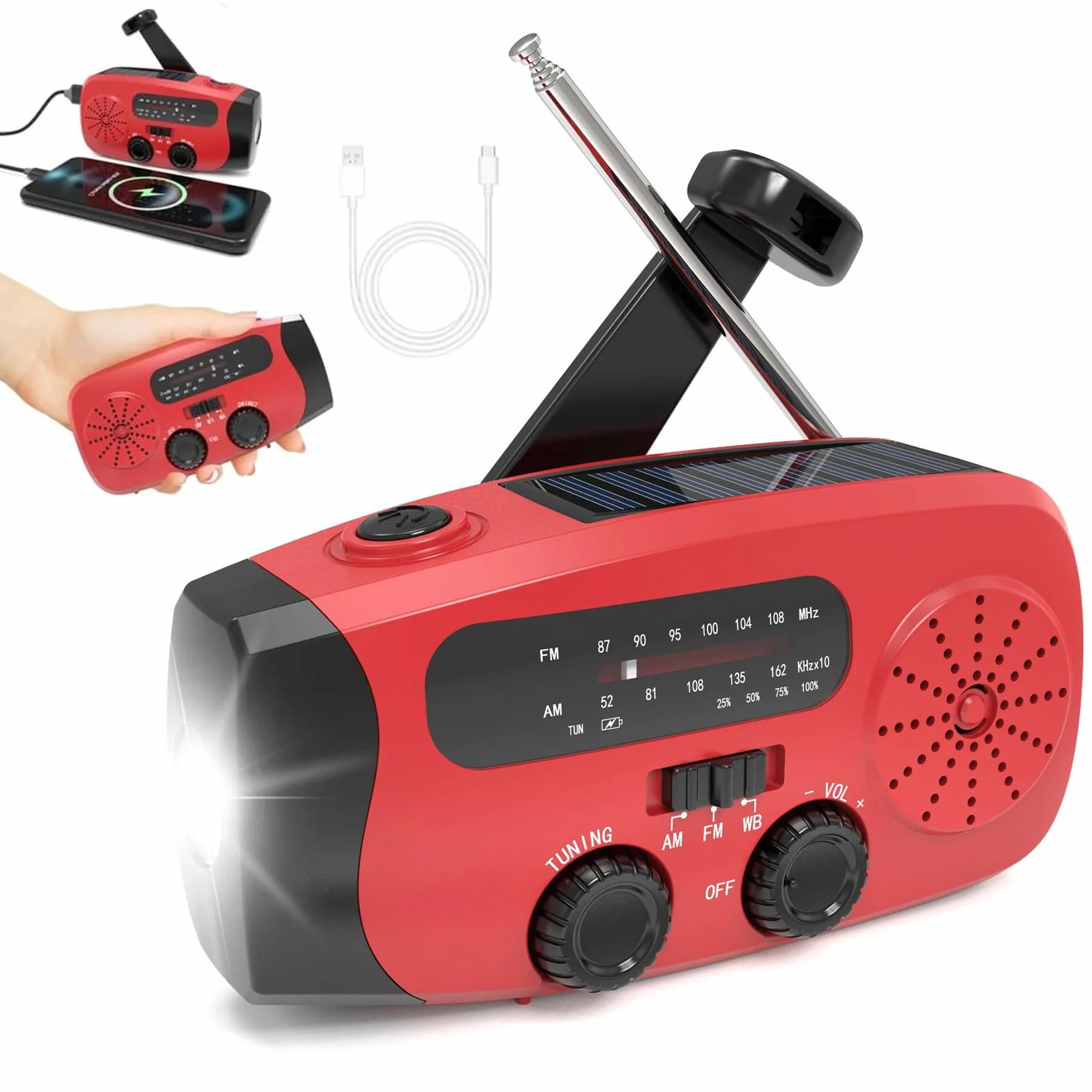 Radio solaire d'urgence à manivelle AM/FM météo avec lampe LED et alarme SOS, batterie 2000 mAh
