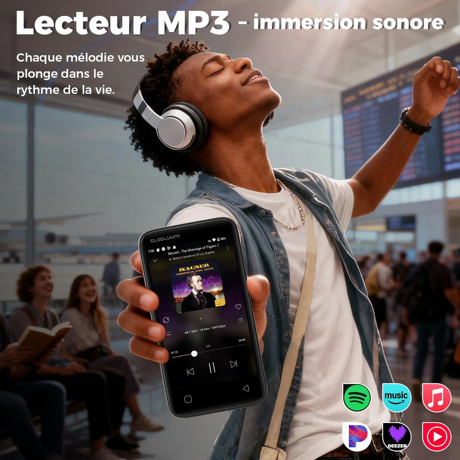 Lecteur MP3 96 Go Bluetooth 5.0 WiFi Compatible Spotify Android écran Tactile 4 Pouces Son HiFi Radio FM
