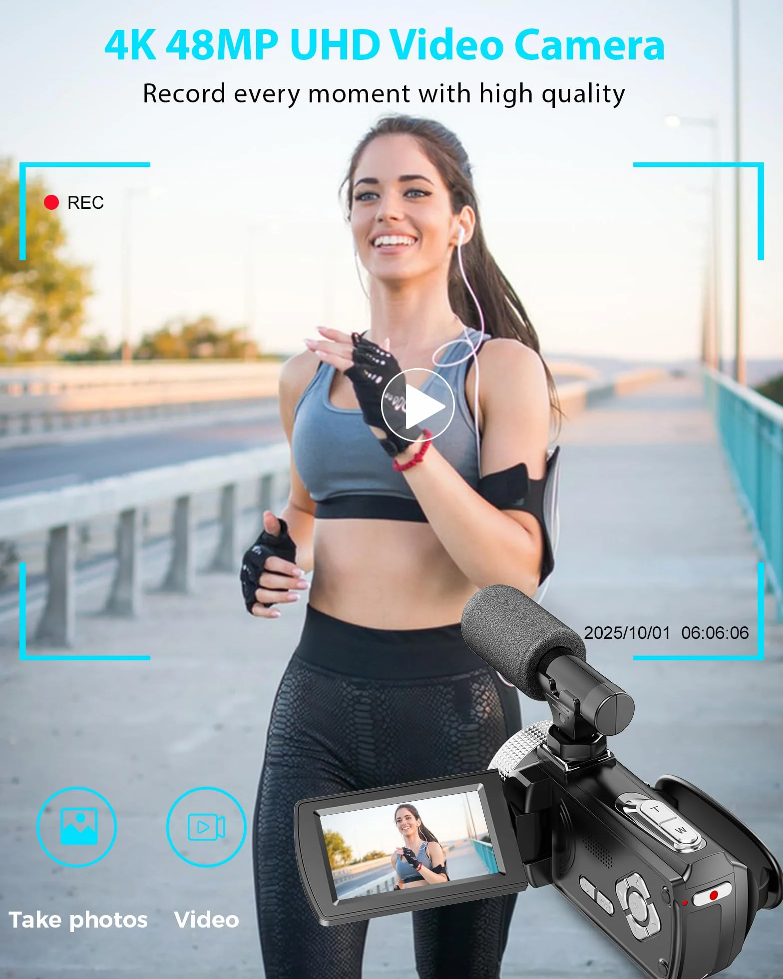 Caméscope 4K 48MP Caméra Vidéo Zoom 18X Écran Rotatif 3" 270° avec Carte 32 Go 2 Batteries