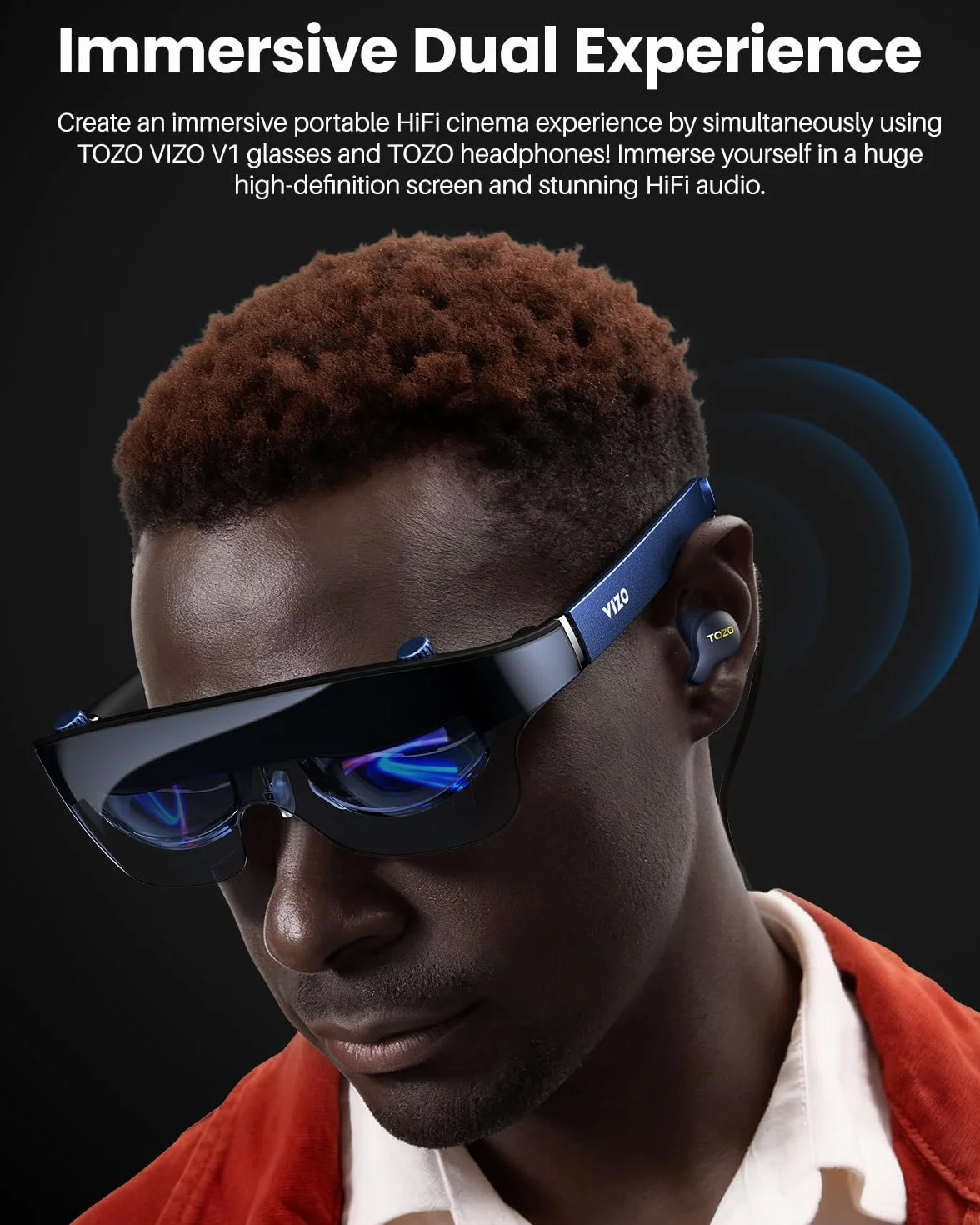TOZO VIZO V1 Lunettes AR Connectées 118″ Écran Virtuel Géant pour Cinéma, Travail et Jeux, Ultra-Lumineux avec Réglage de la Netteté, Full HD 1080p, Son Stéréo, Compatibles iPhone/Android/PS5 et Plus