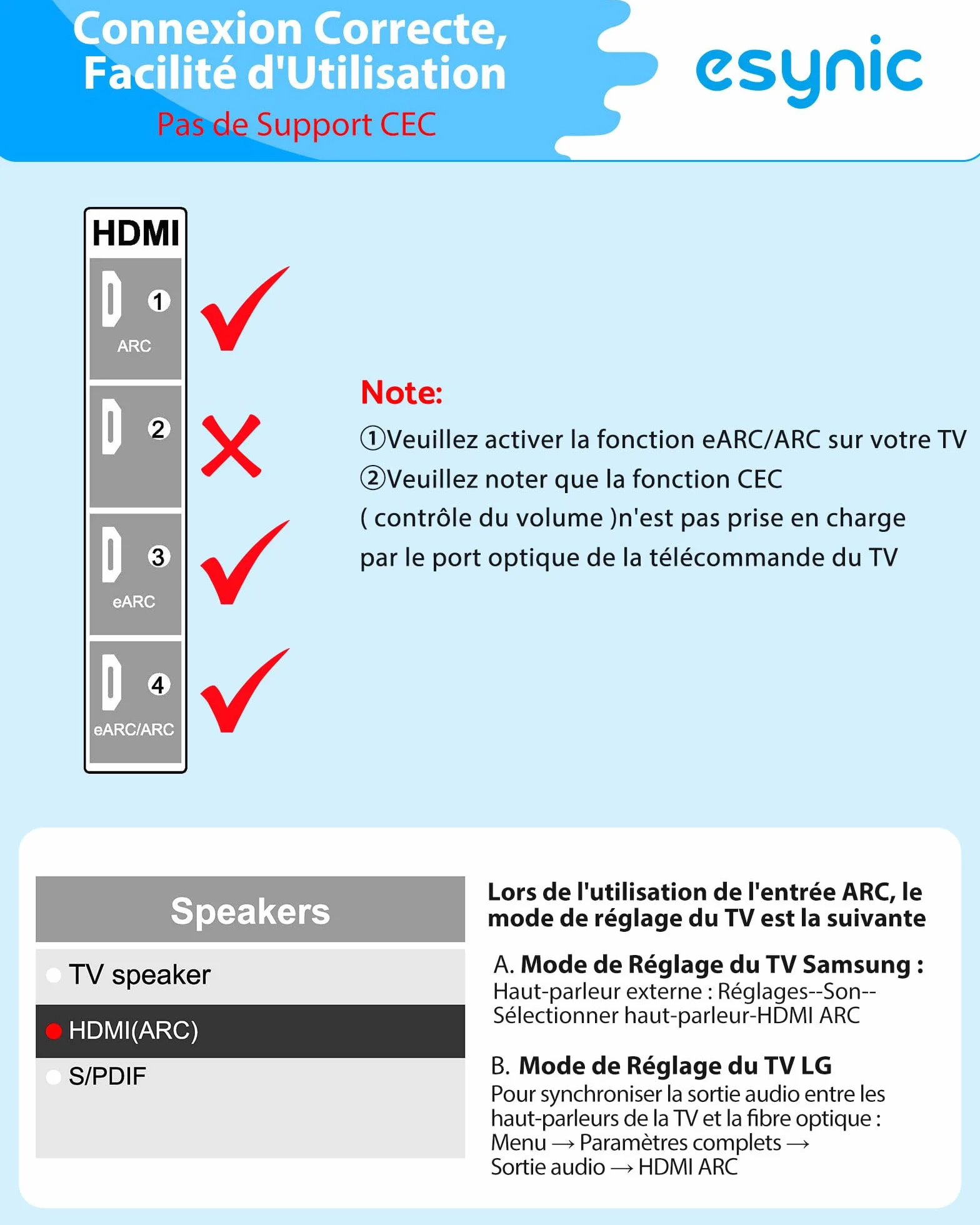 eSynic eARC ARC Audio Extracteur Convertisseur Audio eARC HDMI à Optique Support 24bit/192KHz Format Audio PCM 2,0/Dolby 5,1/DTS 5,1 Adaptateur Arc Hdmi pour HDTV à Barre de Son Casque Home Cinéma