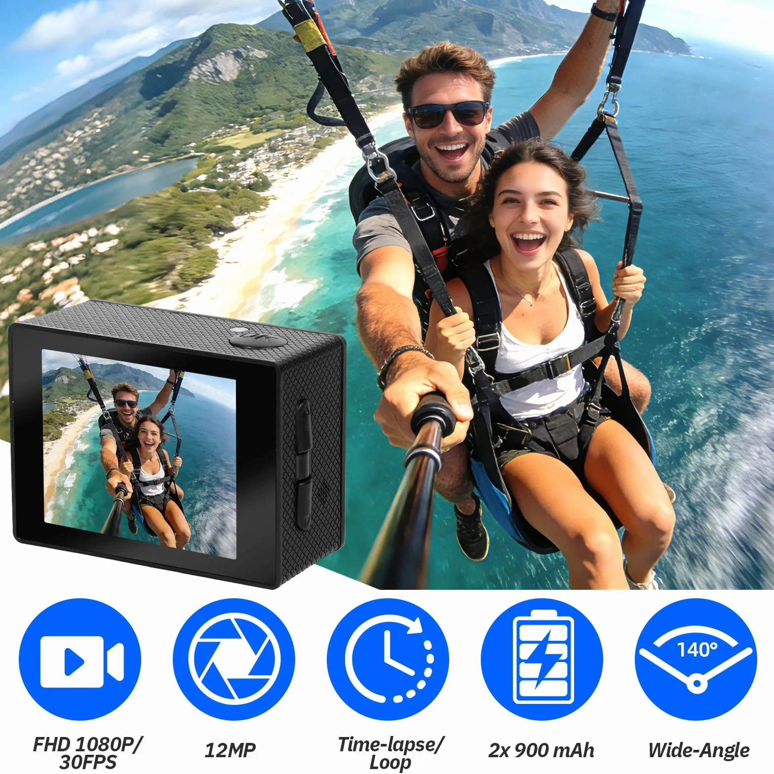 Caméra Sport 1080P Etanche 30M Grand Angle avec Carte Mémoire 32GB et Deux Piles Rechargeables 900mAh