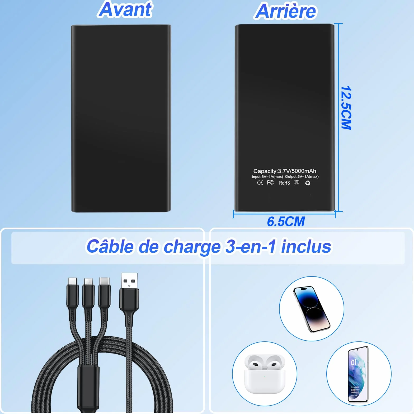 Caméra Espion Power Bank, Double Fonction 1080P HD Caméra Cachée Power Bank, Batterie 5000 mAh pour 17 Heures D'enregistrement avec Câble USB 3-en-1