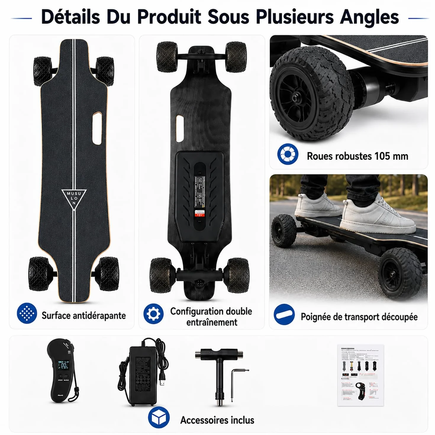 Skate Électrique Portable 105mm Double Moteur Télécommande LCD
