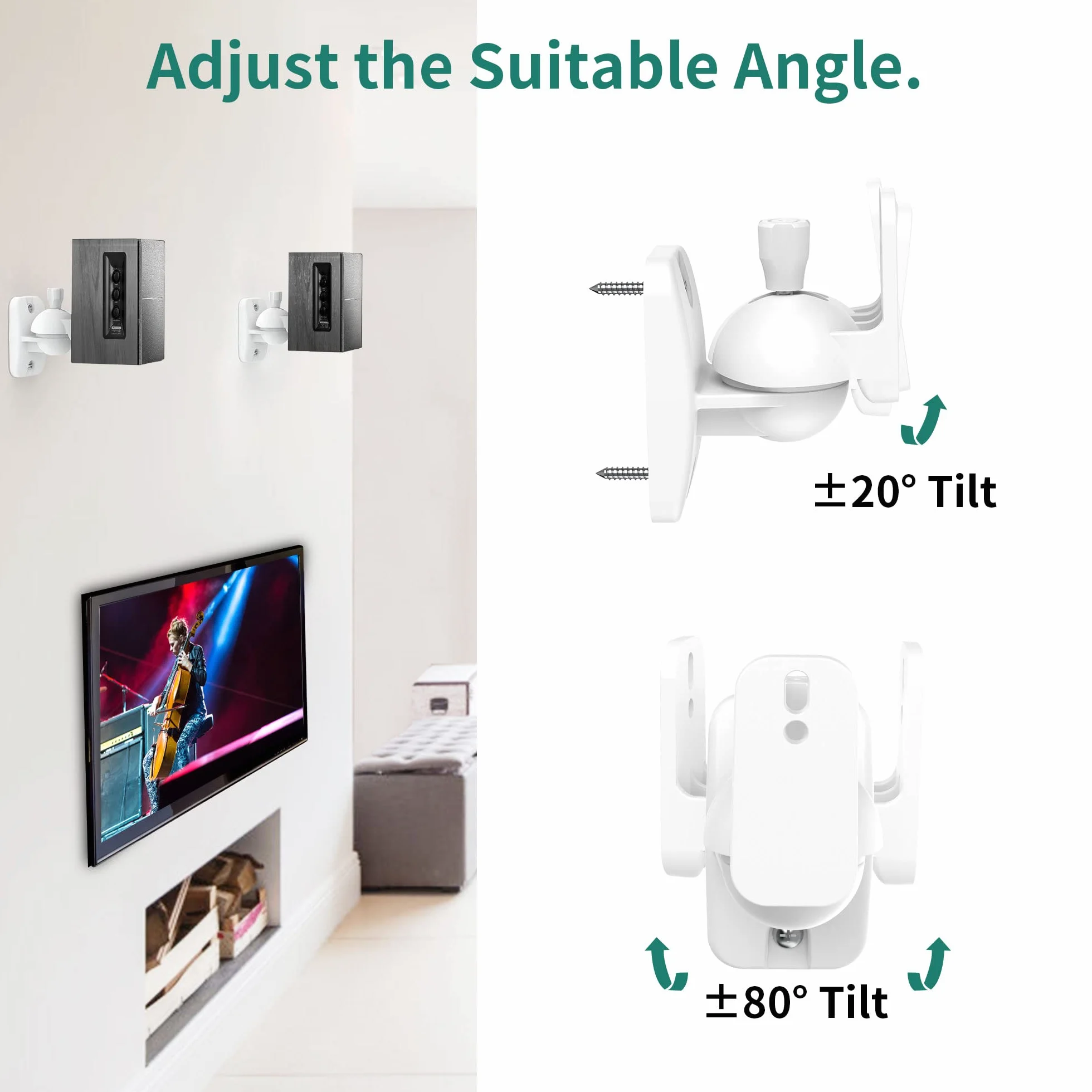 HomeMount Lot de 2 supports muraux pour haut-parleur – Kit de supports muraux pour haut-parleur surround et bibliothèque, peut supporter jusqu'à 3,6 kg, blanc