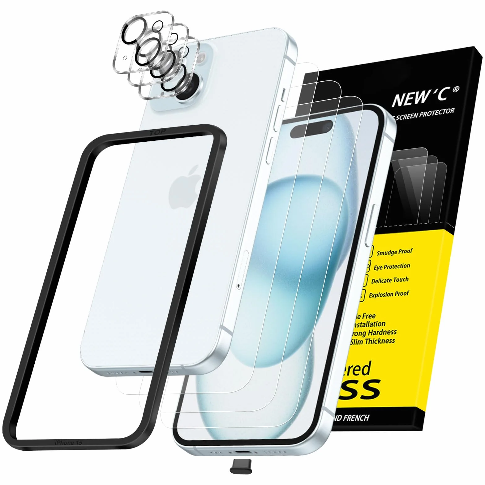 NEW'C Kit de 6, 3 x Verre Trempé pour iPhone 15 (6,1 Pouces) et 3 x Protection Caméra Arrière - Kit Outil d'Installation Facile + Bouchon Anti-Poussière -Anti Rayures - Ultra Résistant-HD Transparent