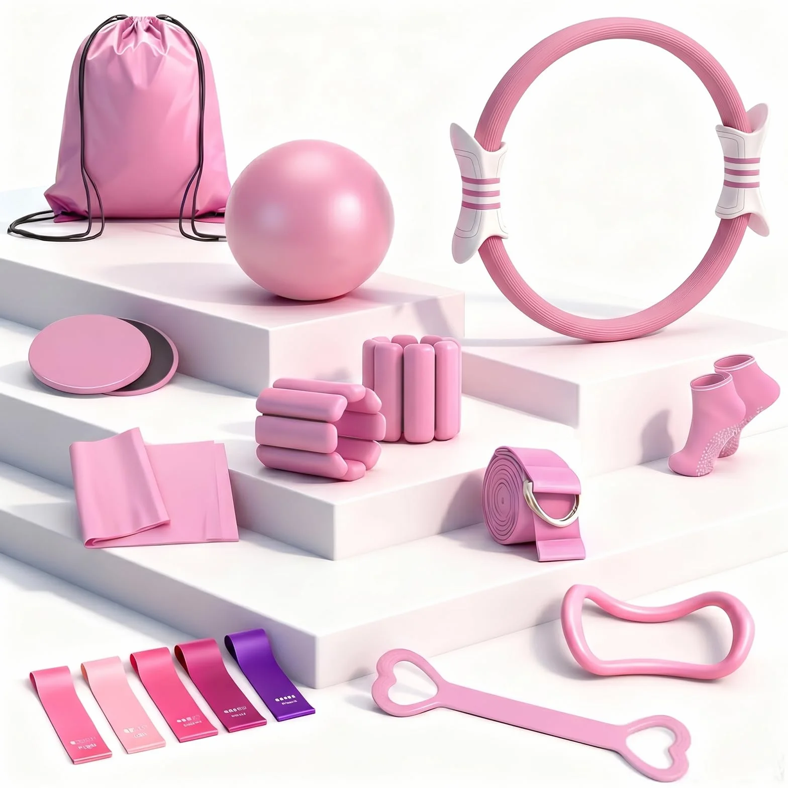 Kit Pilates 14PCS Rose – Kit Pilates Maison avec Anneau, Ballon, Bandes de Résistance – Set Entraînement Complet
