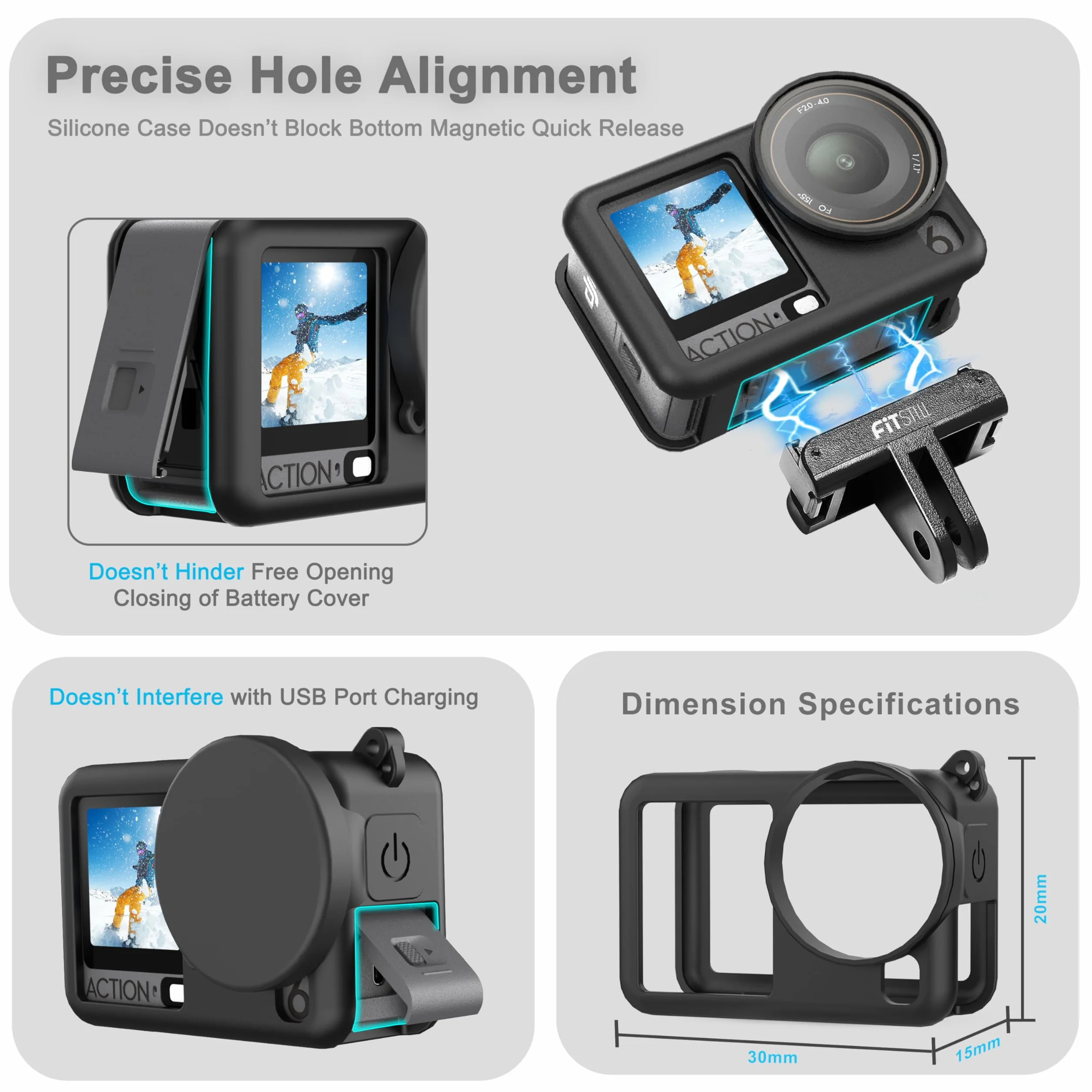 Étui en caoutchouc silicone + 3 protecteurs d'écran en verre trempé pour DJI Osmo Action 6