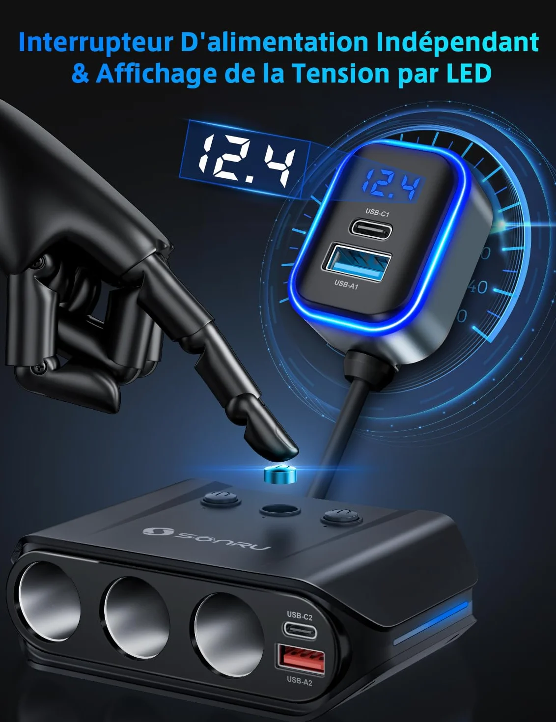 SONRU 7-en-1 Multi Prise Chargeur Allume Cigare, 180W【Dual PD & Quick Charge 3.0】 12V/24V Chargeur Voiture USB, Charge Rapide Chargeur, Affichage du Tension par LED pour Tablette/Phone/GPS