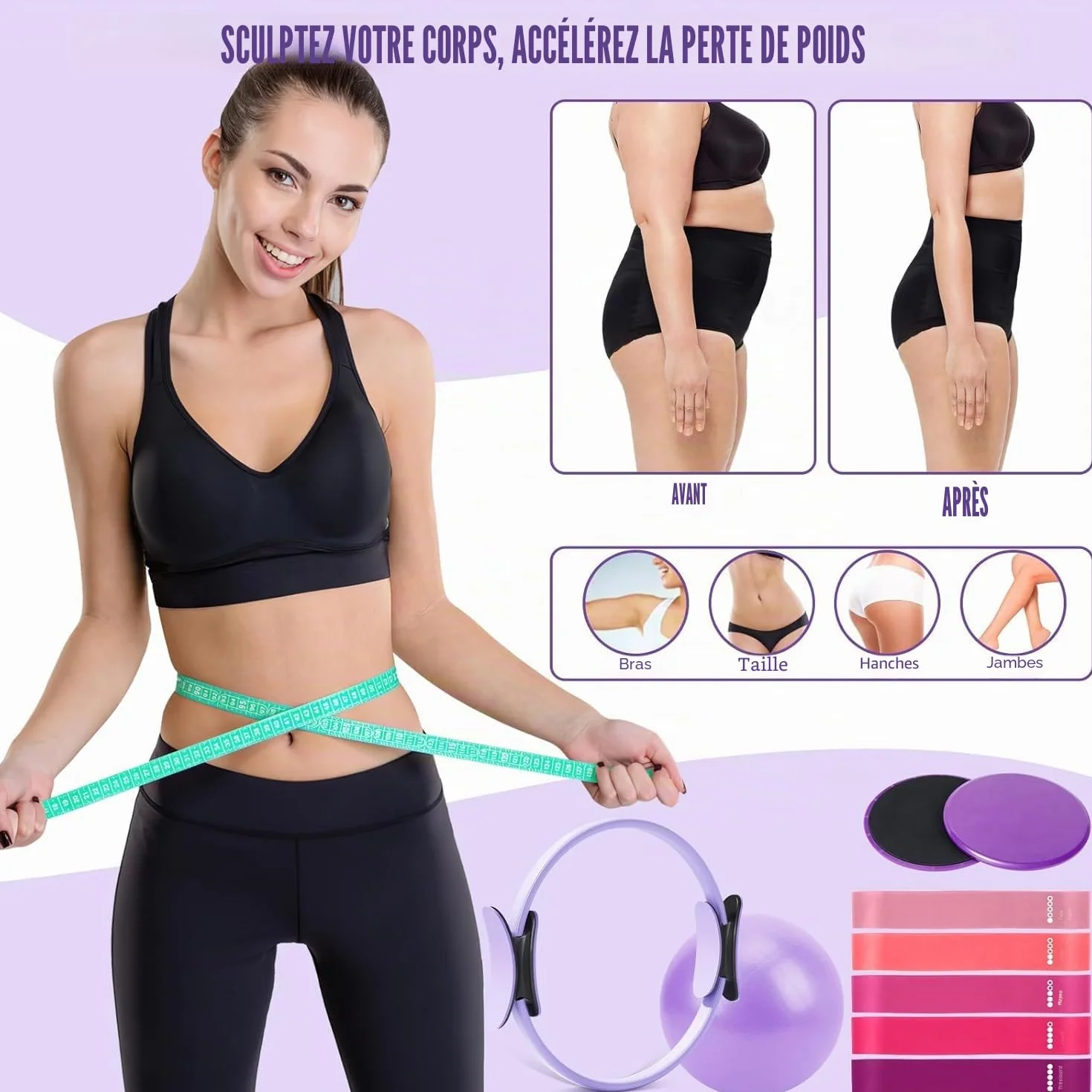 Ensemble de bagues Pilates Essential Kit avec Magic Circle 32 cm, Ball, Bänder, Sliding Disks & Training Poster pour fitness à la maison