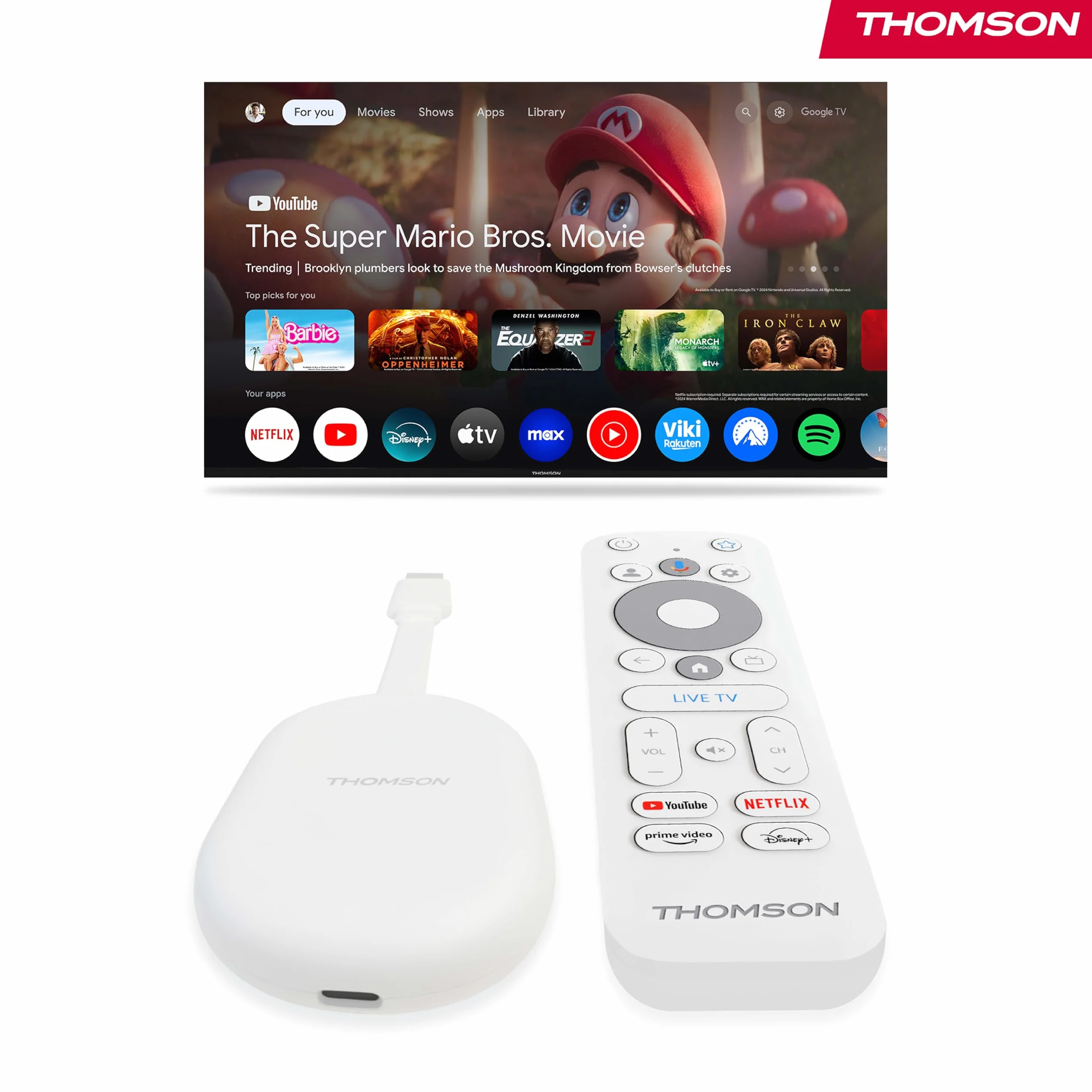 Thomson Go Cast 152 Dongle de Streaming, 4K UHD Google TV, Commande Vocale, Google Cast, Dolby Atmos, Dolby Digital+, HDR10, Portable, 2 Go RAM, 32 Go Stockage – Blanc