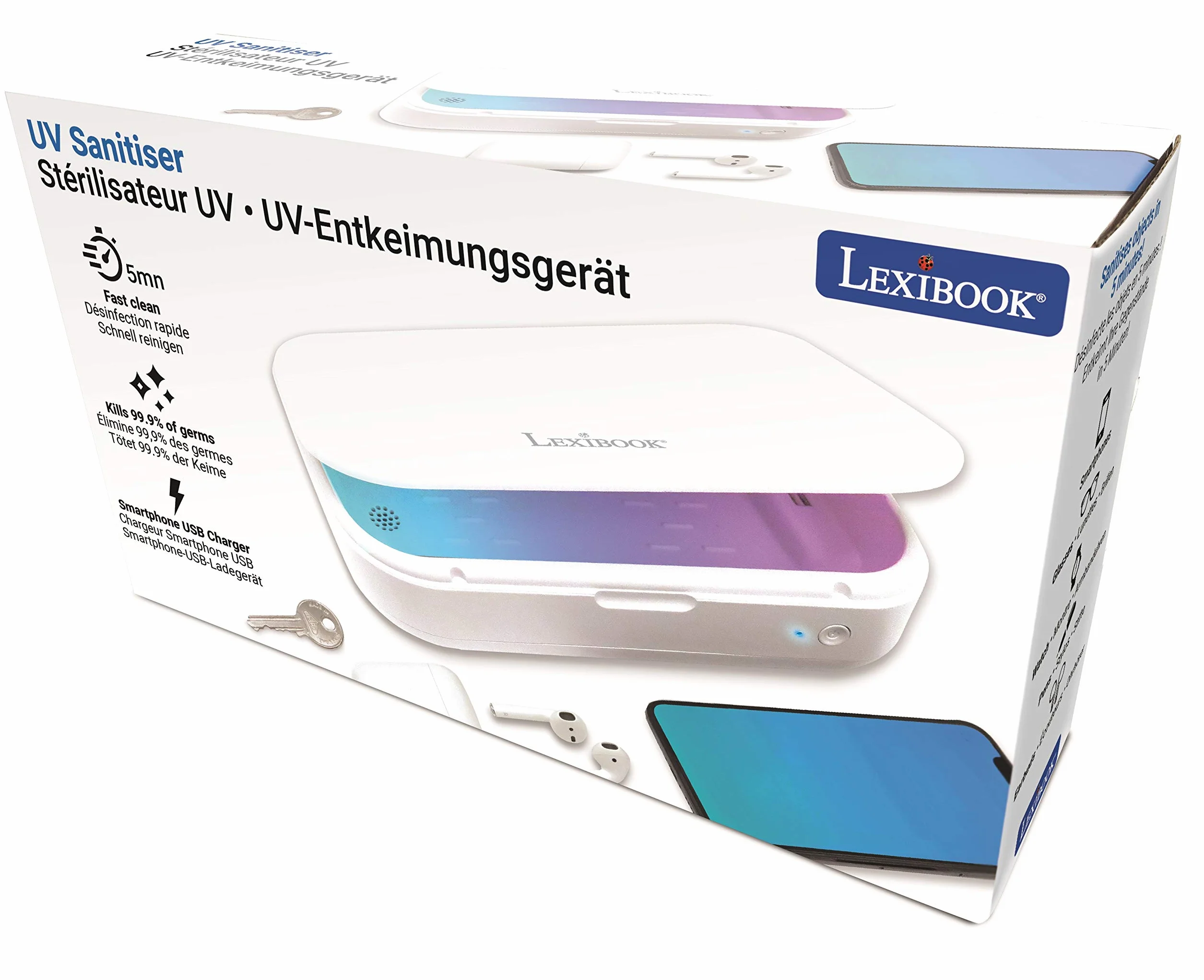 Lexibook LexibookStérilisateur UV - Boîte Stérilisatrice pour Désinfecter Masques, Smartphones, Clés, Écouteurs - Box Lampe UV Stérilisation Rapide 5 Minutes - Aromathérapie - Blanc, UVS100