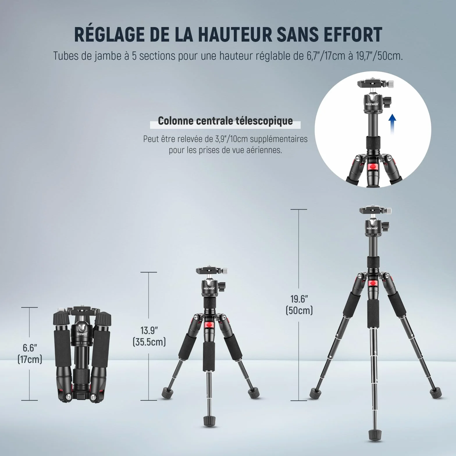 NEEWER Mini Trépied pour Appareil Photo avec Rotule à 360° en Alliage d'Aluminium 20"/50cm 1/4" Plaque Rapide de Type Arca,Trépied de Voyage de Bureau Portable pour Caméscope DSLR, Charge Max:11lb/5kg