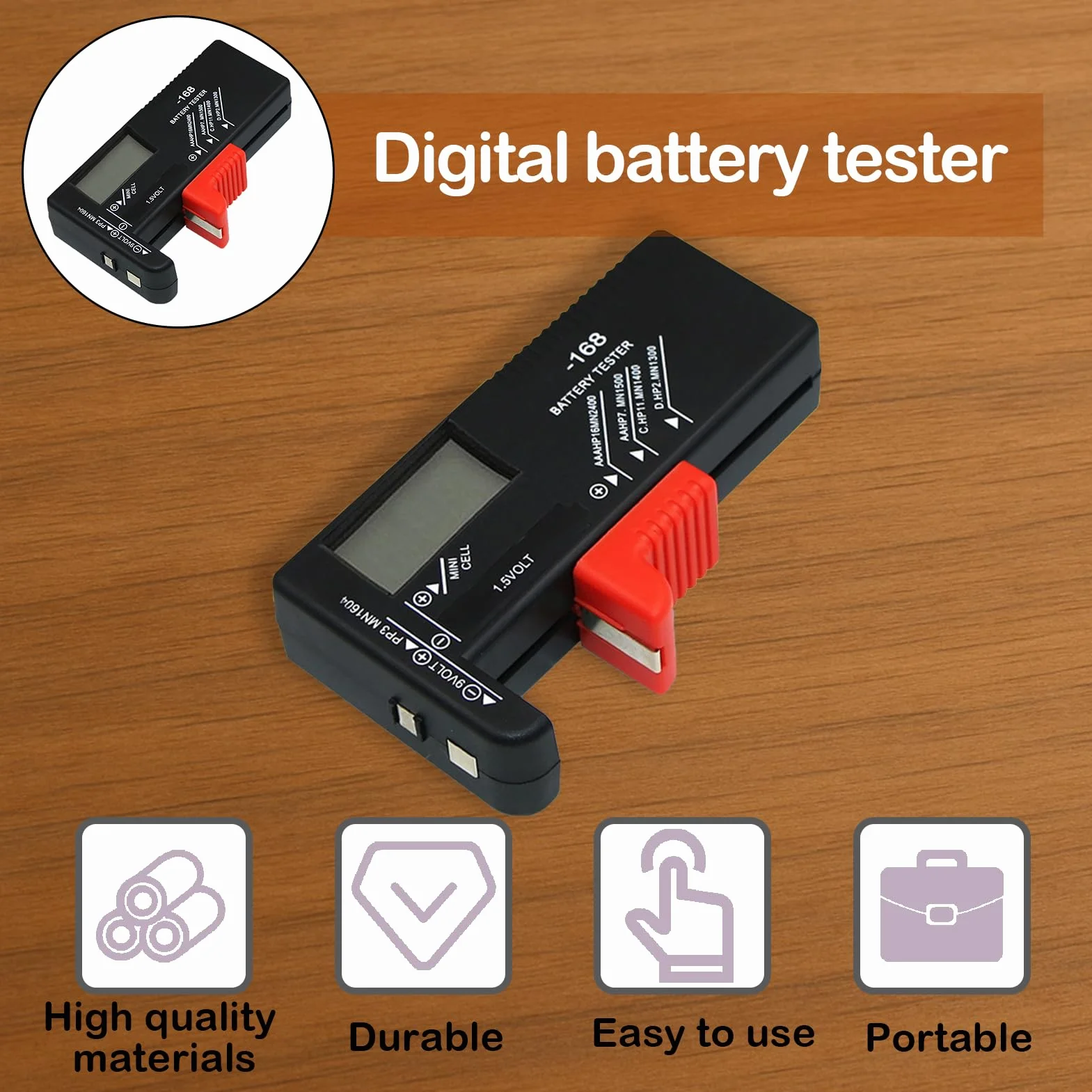 Testeur de Piles Universel Numérique BT-168D pour AA AAA C D 9V 1.5V Piles Bouton avec Ecran LCD