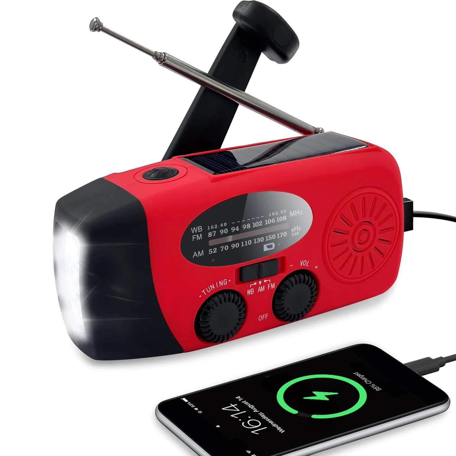 Radio Solaire Auto-alimentée 2000mAh AM/FM Portable d'Urgence à Manivelle Dynamo avec Lampe LED, Alarme SOS et Chargeur Téléphone