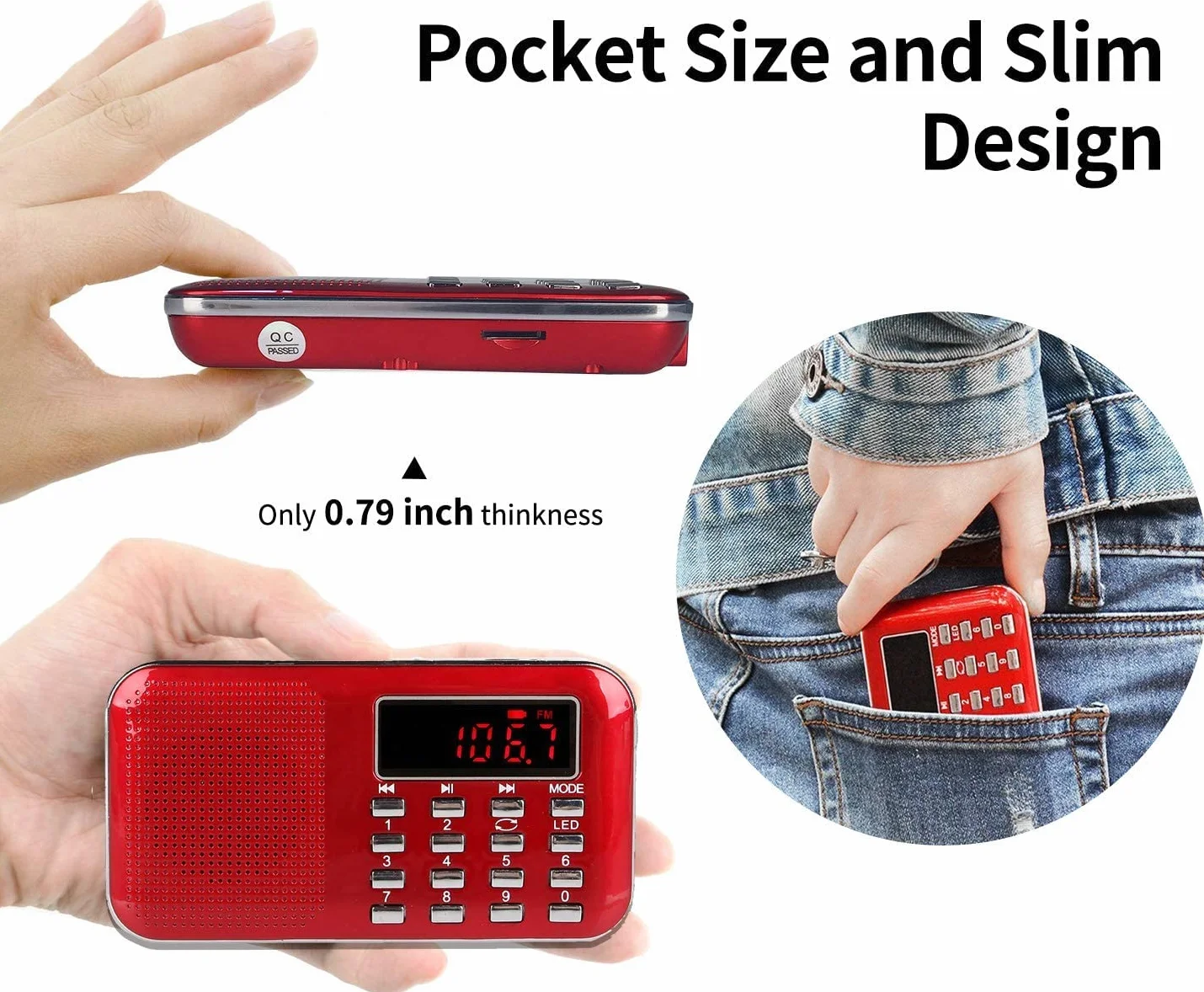 Raddy RF23 Radio Portable FM/AM Rechargeable avec Lampe de Poche, Grand Écran LCD, Lecteur MP3 Micro SD/USB, Batterie 800mAh, Rouge