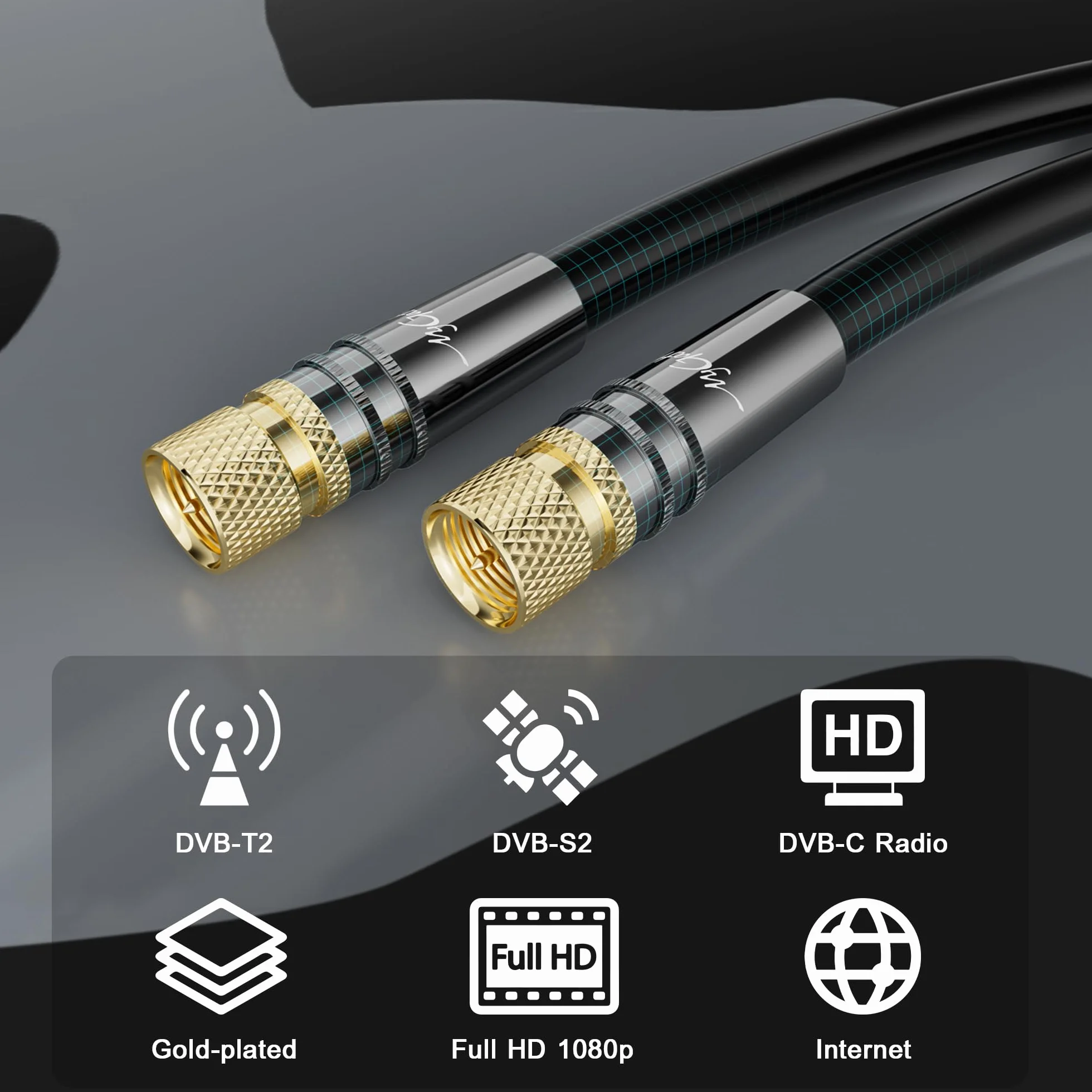 Câble d'antenne de 1.5 mètres, câble satellite coaxial HD–2x connecteurs F,capuchon en métal plaqué or, prend en charge HDTV,DVB-T2, DVB-C, DVB-S, pour réception numérique et analogique.