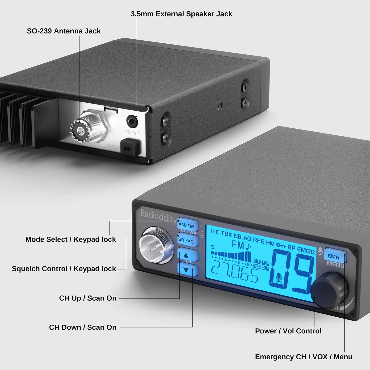 Radioddity CB-500 Radio CB Portable Émetteur-récepteur 4W AM FM avec Réduction du Bruit, Canal d'urgence 9/19, Micro Portatif
