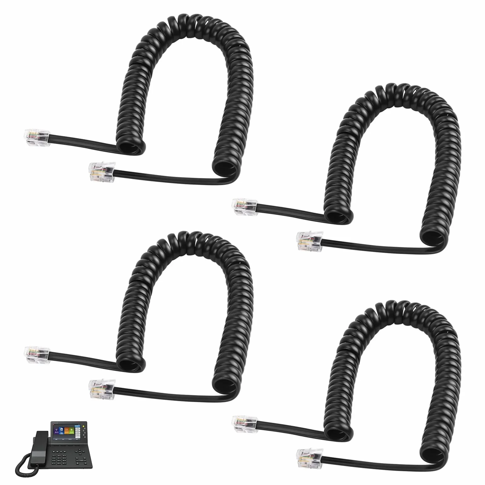 Lot de 4 Câble Téléphonique RJ9 4P4C Spiralé 5m Étendu Câble Combiné Téléphone Fixe Noir Fil de Remplacement pour Téléphone Bureau Maison Standard Universel Compatible Téléphones Fixes et Combinés