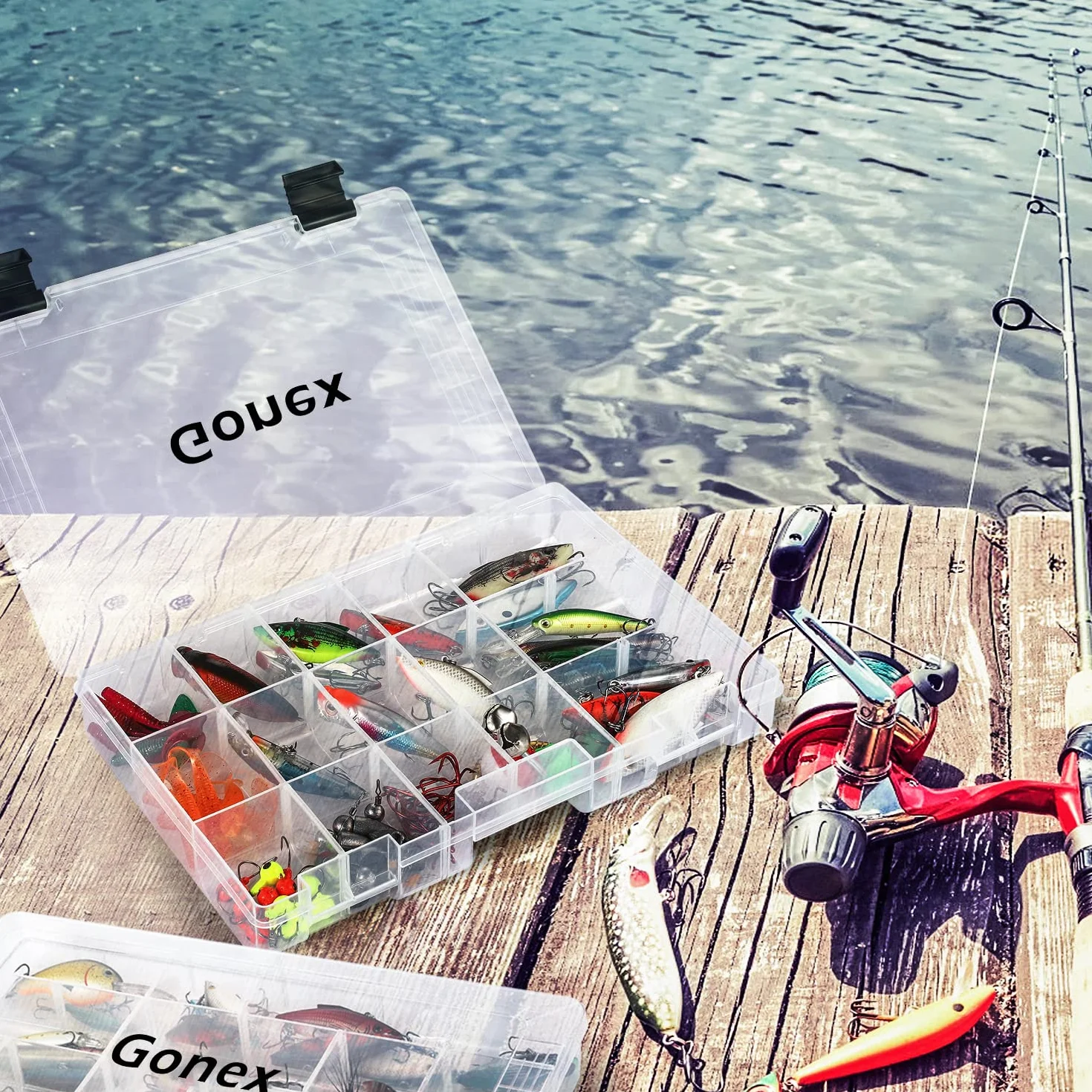 Gonex boîtes à appâts de pêche en plastique transparent avec séparateurs réglables