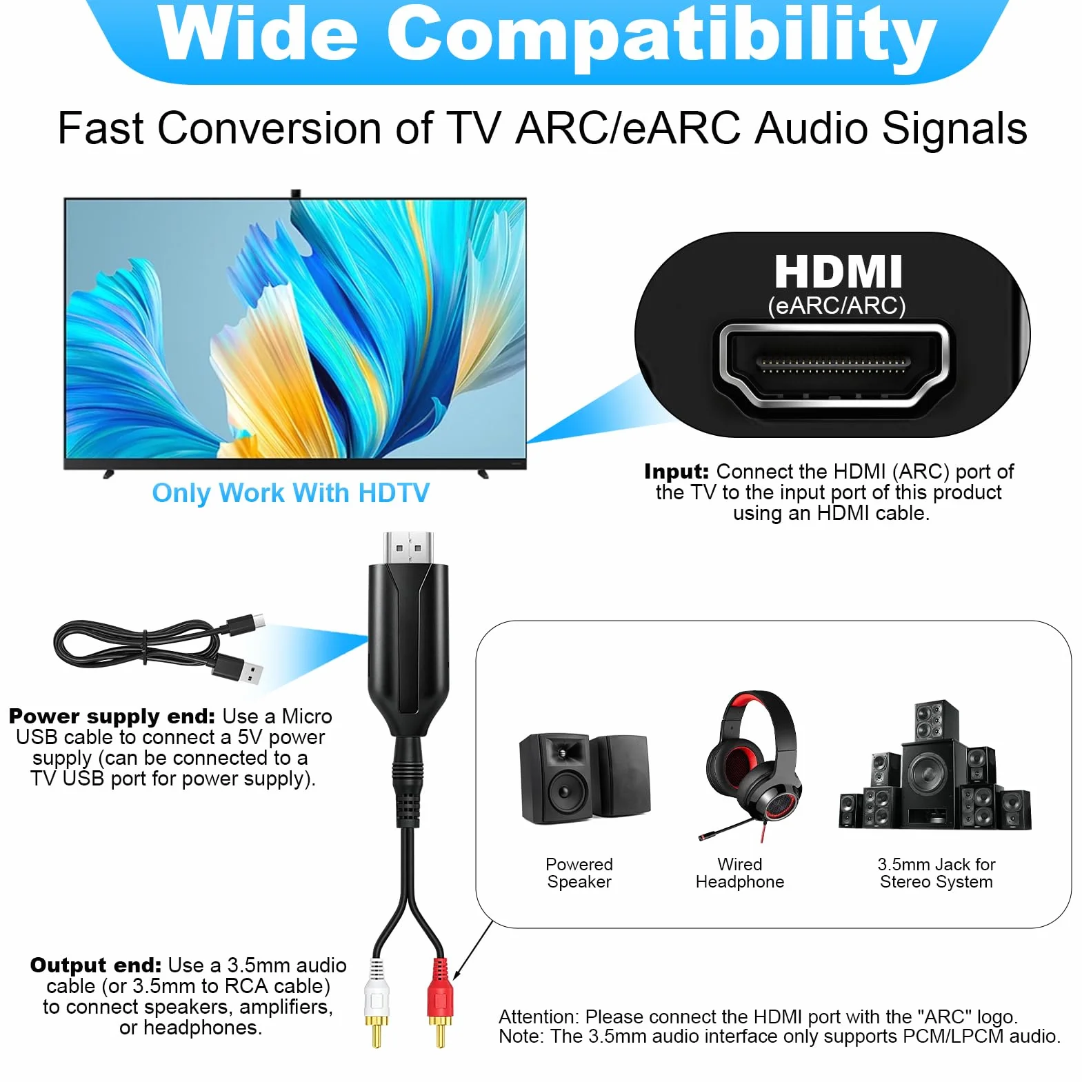 Extracteur Audio HDMI eARC ARC 192 kHz Câble Convertisseur HDMI ARC HD eARC vers AV Adaptateur AUX 3,5 mm