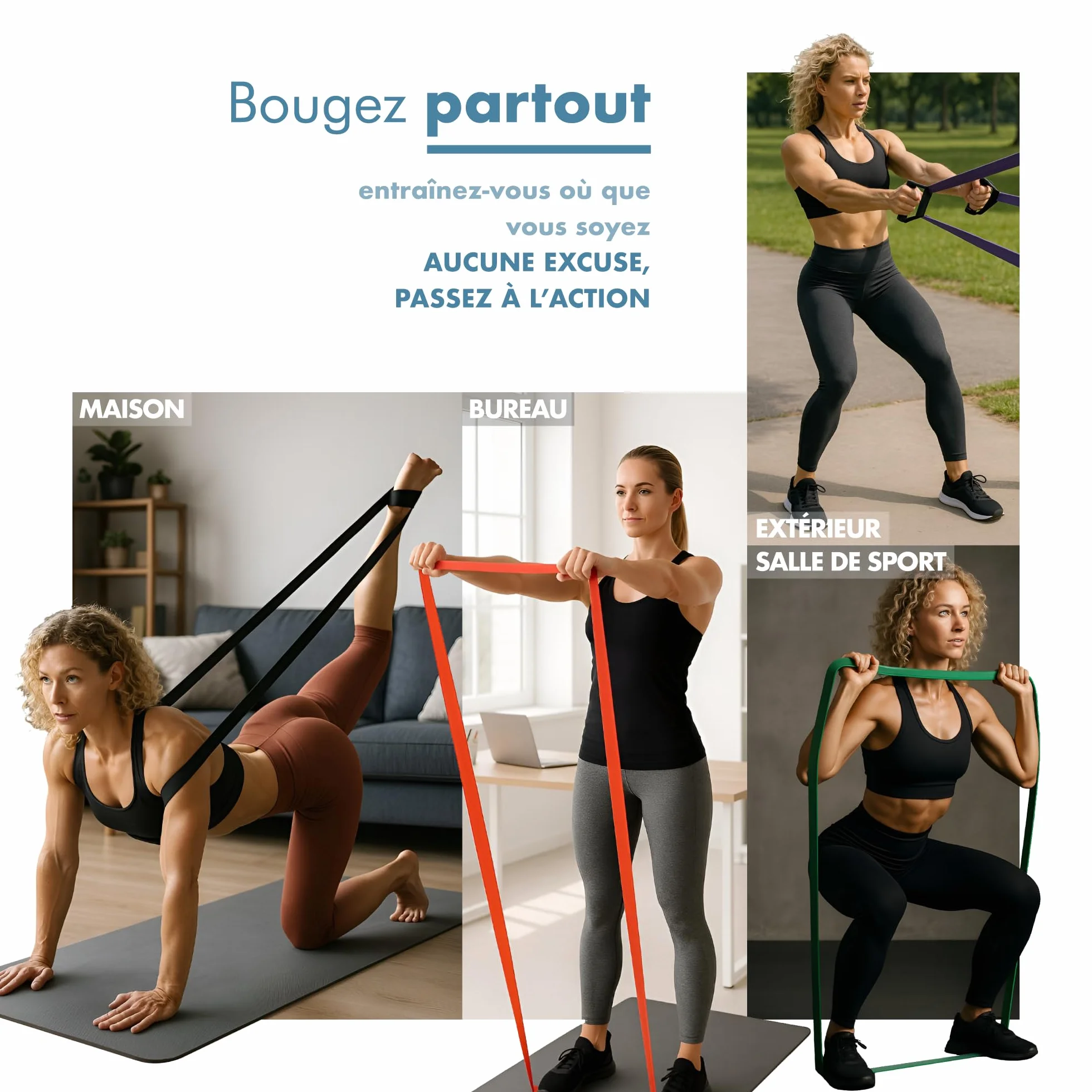 PORTENTUM Bande Élastique Musculation Set Résistance 4-5 Niveaux Poignées Ancrage Porte Housses Sac