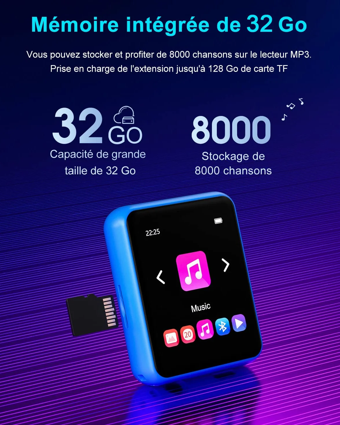 Lecteur MP3 Bluetooth 5.0 32 Go avec écran tactile complet, lecteur de musique Hi-Fi sans perte avec boîtier en métal, avec radio FM, haut-parleur, enregistrement ligne, prise en charge jusqu'à 128 Go