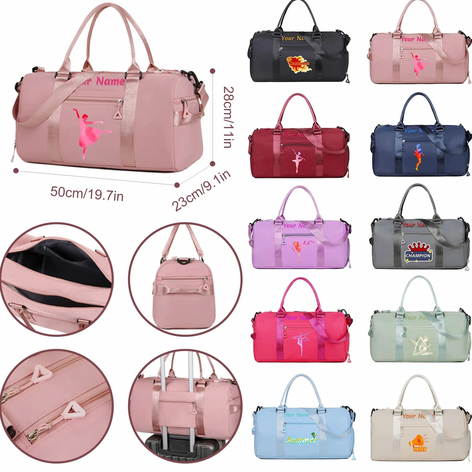 Sac de Sport Brodé Personnalisé avec Bretelles, Poches Humides et Sèches et Compartiment à Chaussures - Rose