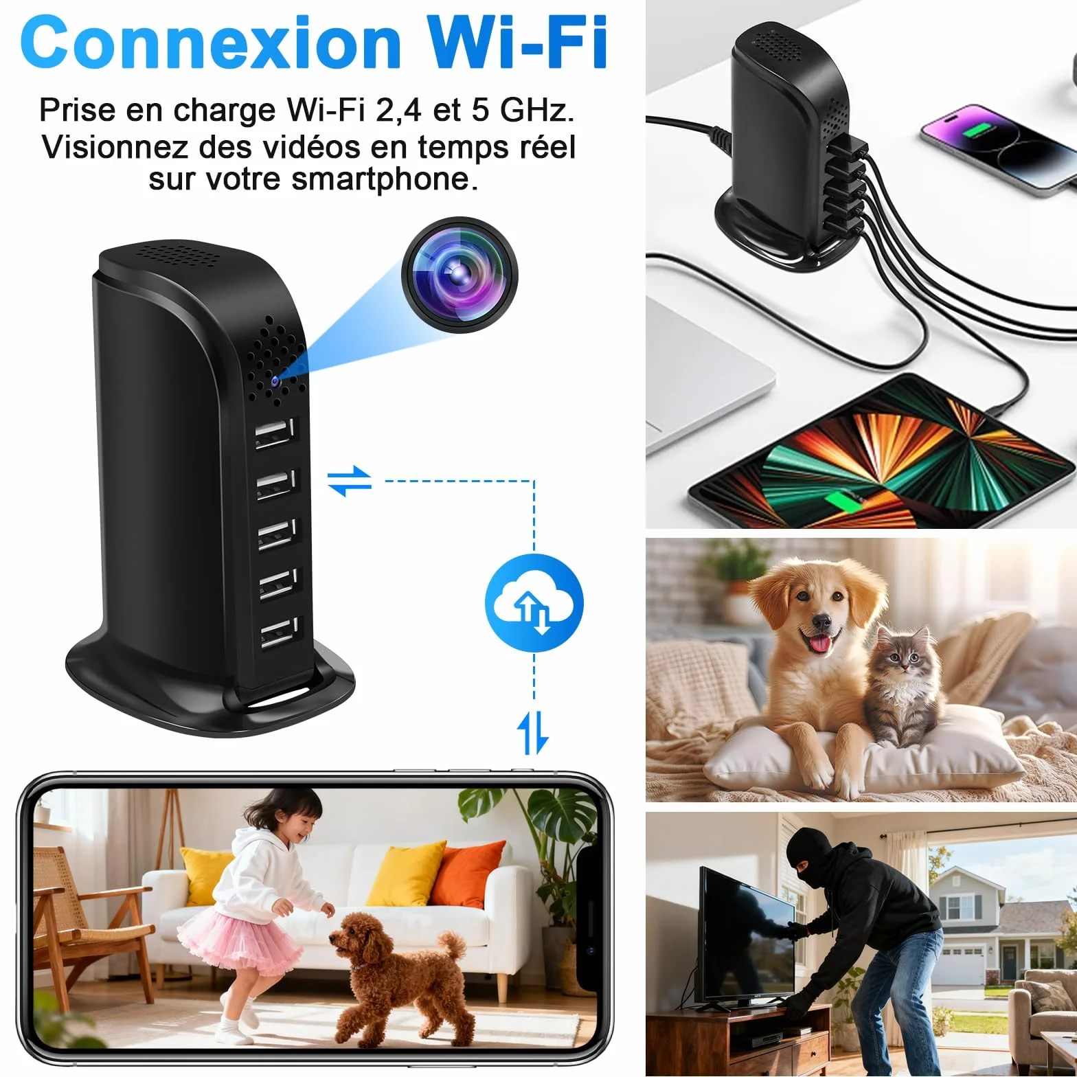 Caméra Espion WiFi 2.4 & 5G, Chargeur USB à 5 Ports avec Mini Caméra Espion Cachée, HD 1080P Micro Camera Cachée WiFi Supportant la Détection de Mouvement et l'enregistrement en Boucle