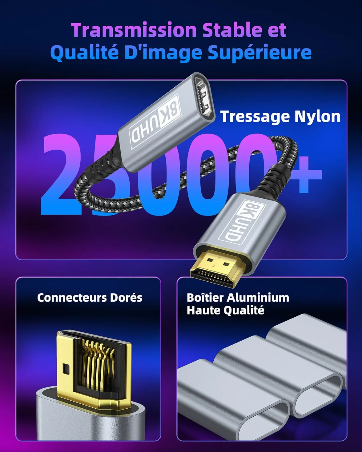 Rallonge HDMI 0.5M Câble, Câble d'extension HDMI 2.1 Mâle vers Femelle 8K@60Hz 4K@120Hz/144Hz 48Gbps, High Speed UHD eARC HDCP 2.3, Compatible avec TV Stick, HDTV, PS5/PS4