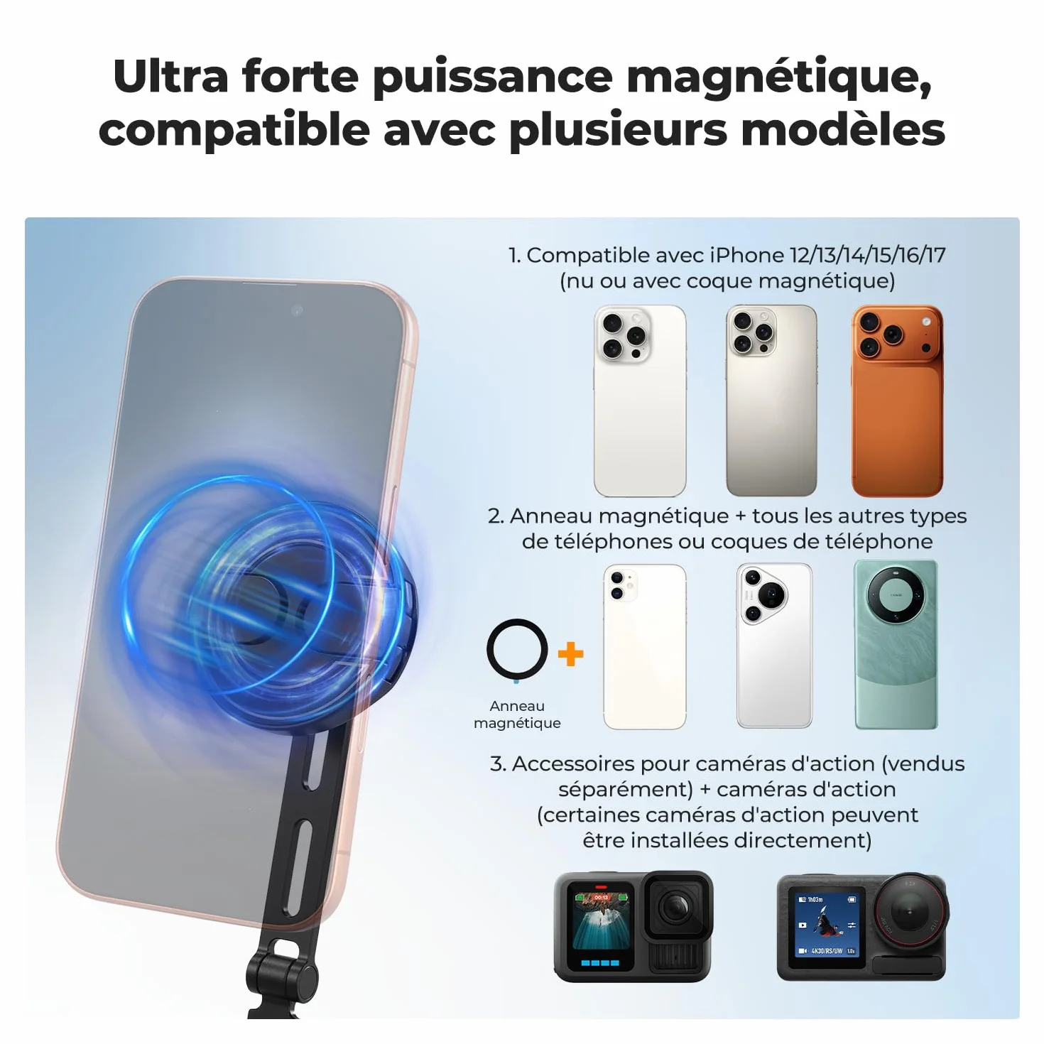 K&F CONCEPT 2 en 1 Support pour Cou Téléphone Portable Magnétique+Clip, POV/Vlog Porte Telephone Cou Compatible avec Les Téléphones Portables Magnétique iPhone 17 16 15 14 13 12 Series Android