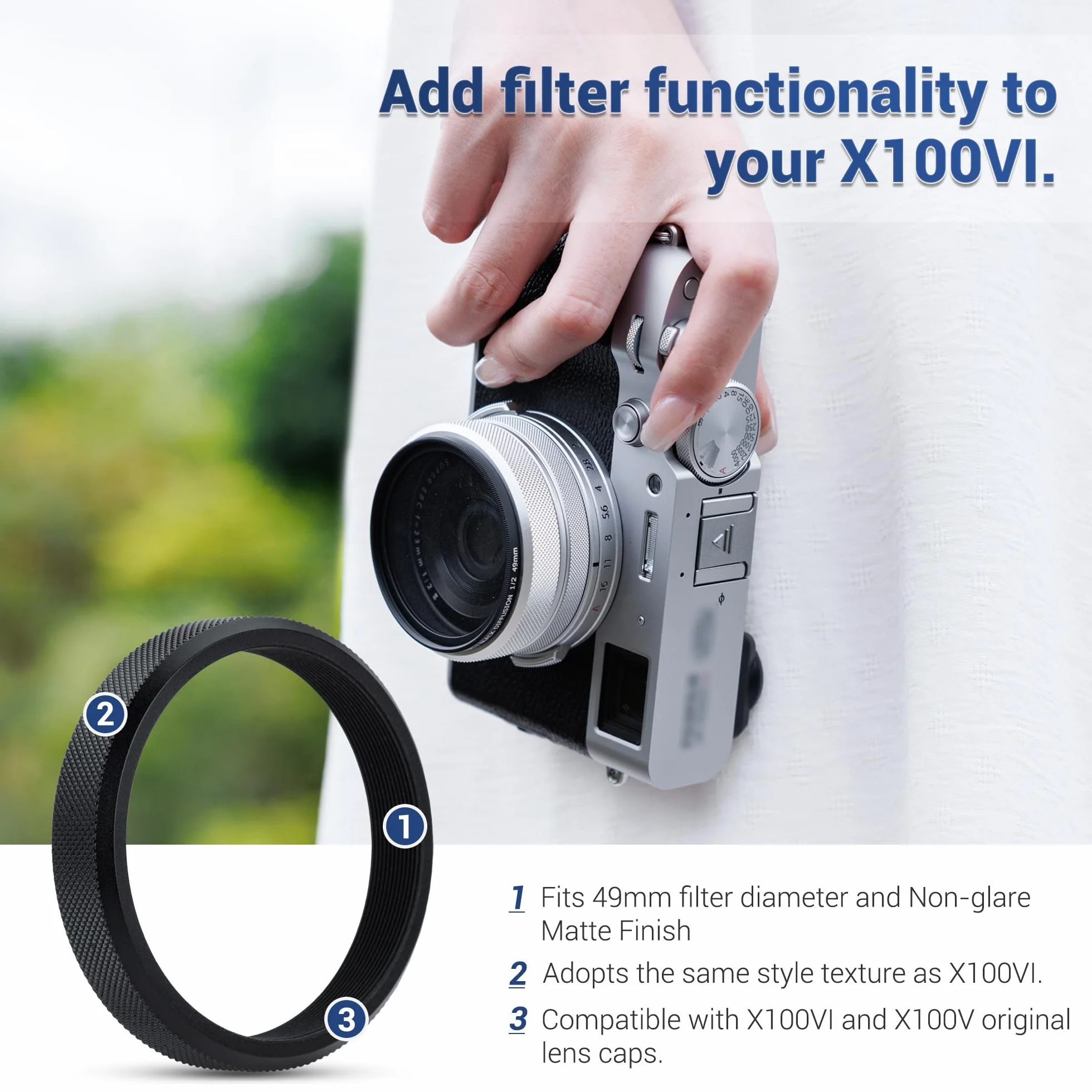 JJC Bague d'adaptation pour filtre Fujifilm X100VI X100V X100F X100T X100S X100 X70 49mm