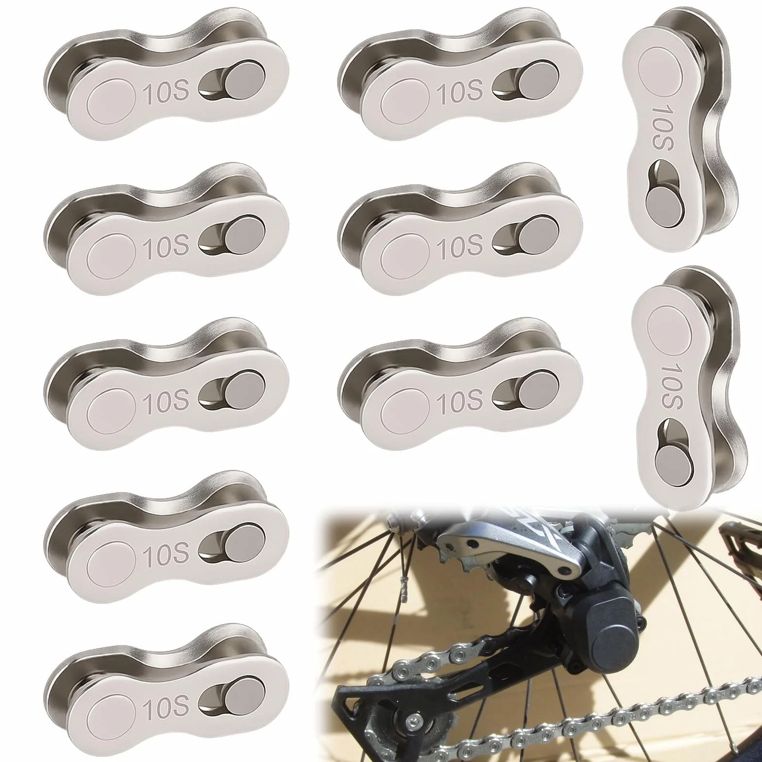 Menibeuty Lot de 10 Paires Maillon Rapide 10 Vitesses pour Chaîne de Vélo, Acier Robuste pour VTT et Vélo de Route, Argent