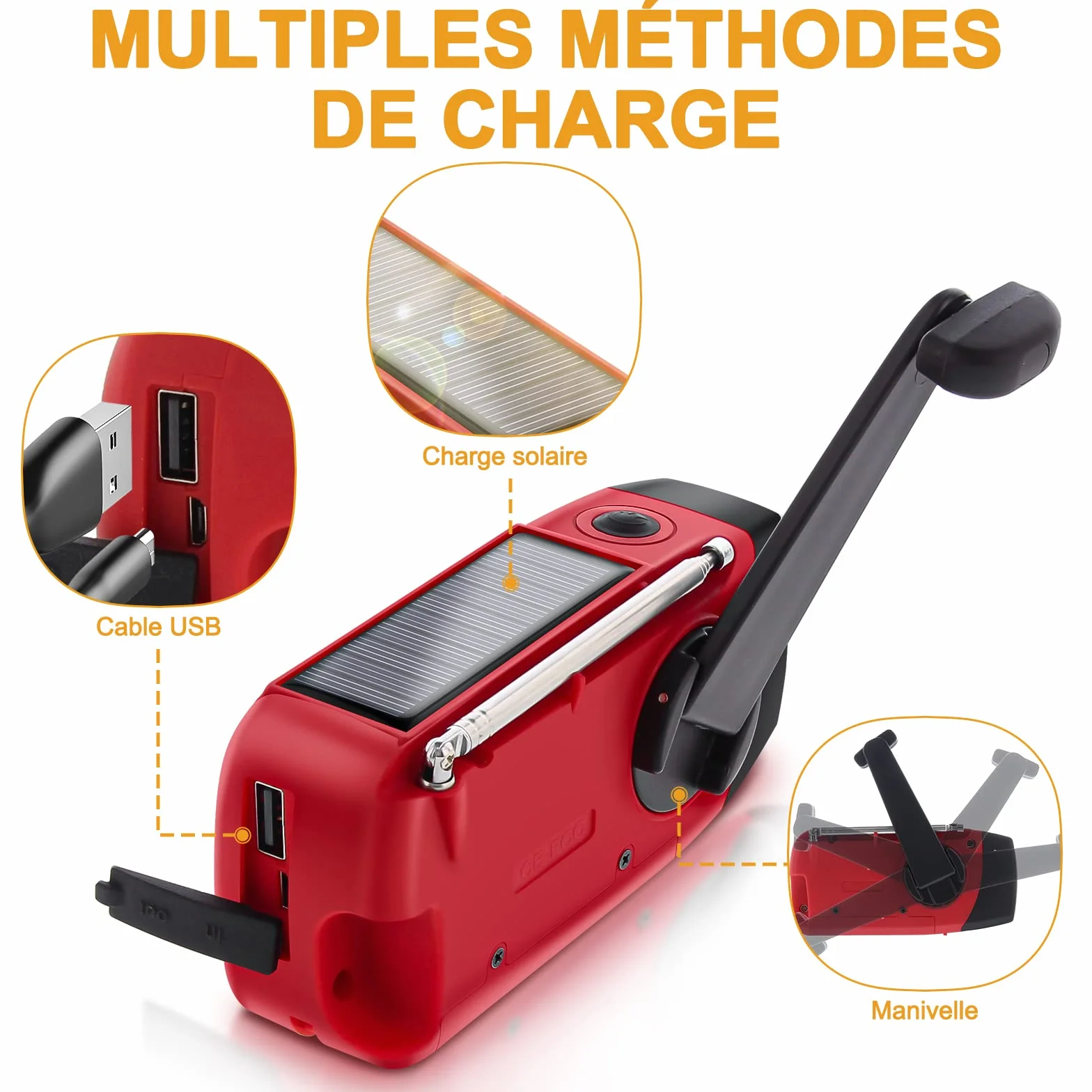 Radio Solaire Portable d'Urgence Météo 2000mAh Manivelle AM/FM/NOAA Dynamo IPX3 Charge Téléphone Lampe LED Alarme SOS Câble USB Randonnée Camping Rouge