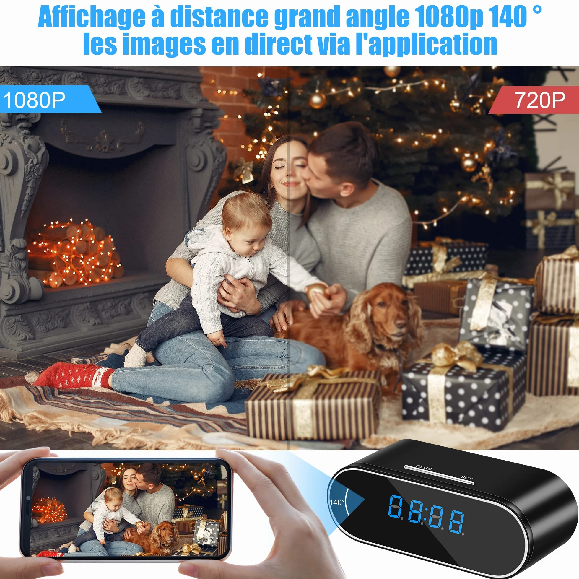 Caméra de Surveillance WiFi Intérieure 1080P Mini Espion Sans Fil Vision Nocturne Détecteur de Mouvement Noir