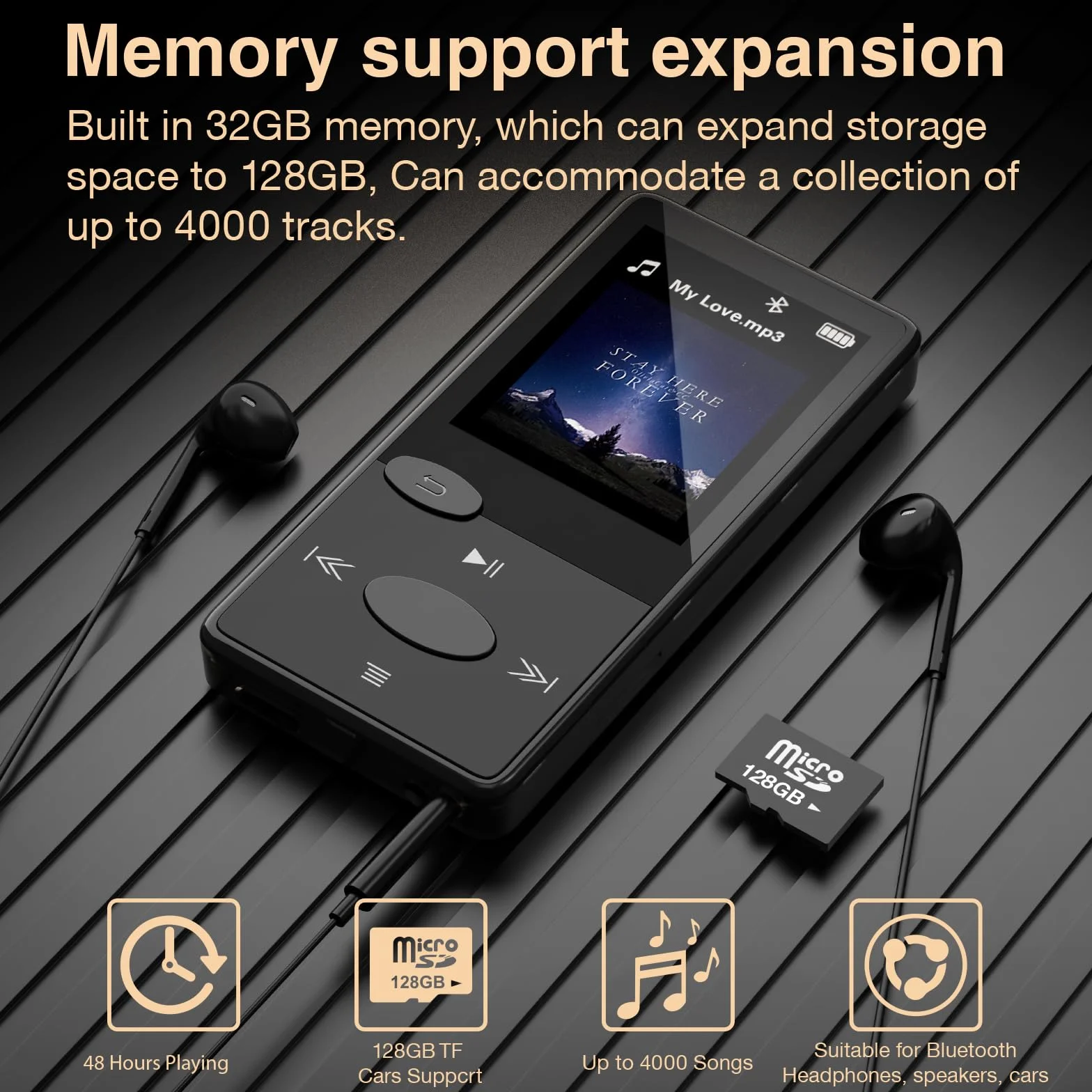 Lecteur MP3 Bluetooth Son HiFi avec Radio FM, Baladeur Bluetooth, Écouteurs Inclus