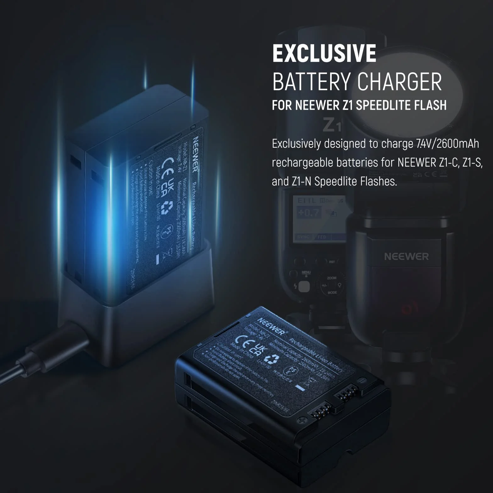 NEEWER Batterie Lithium 7,4V/2600 mAh et Chargeur USB TTL Z2-C/N/S, Z1-C/N/S, Z760-C/N/S Flash à tête Ronde Speedlite, Batterie de Remplacement au Lithium entrée DC 5 V/2 A, 8,4 Chargeur USB Type C