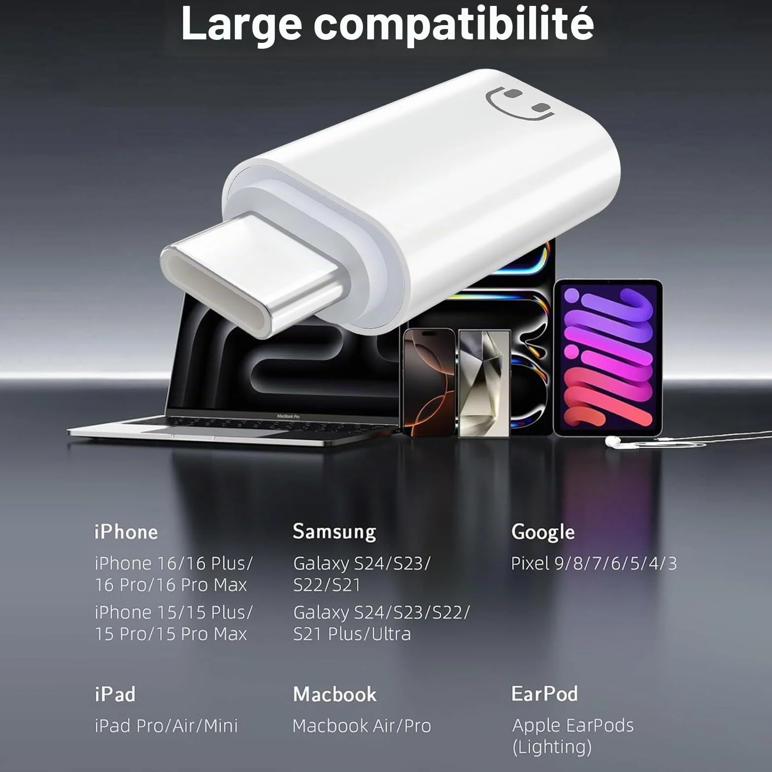 Adaptateur USB C vers Lightning Audio, USB C mâle vers Lightning, Compatible iPhone 16/15, Blanc