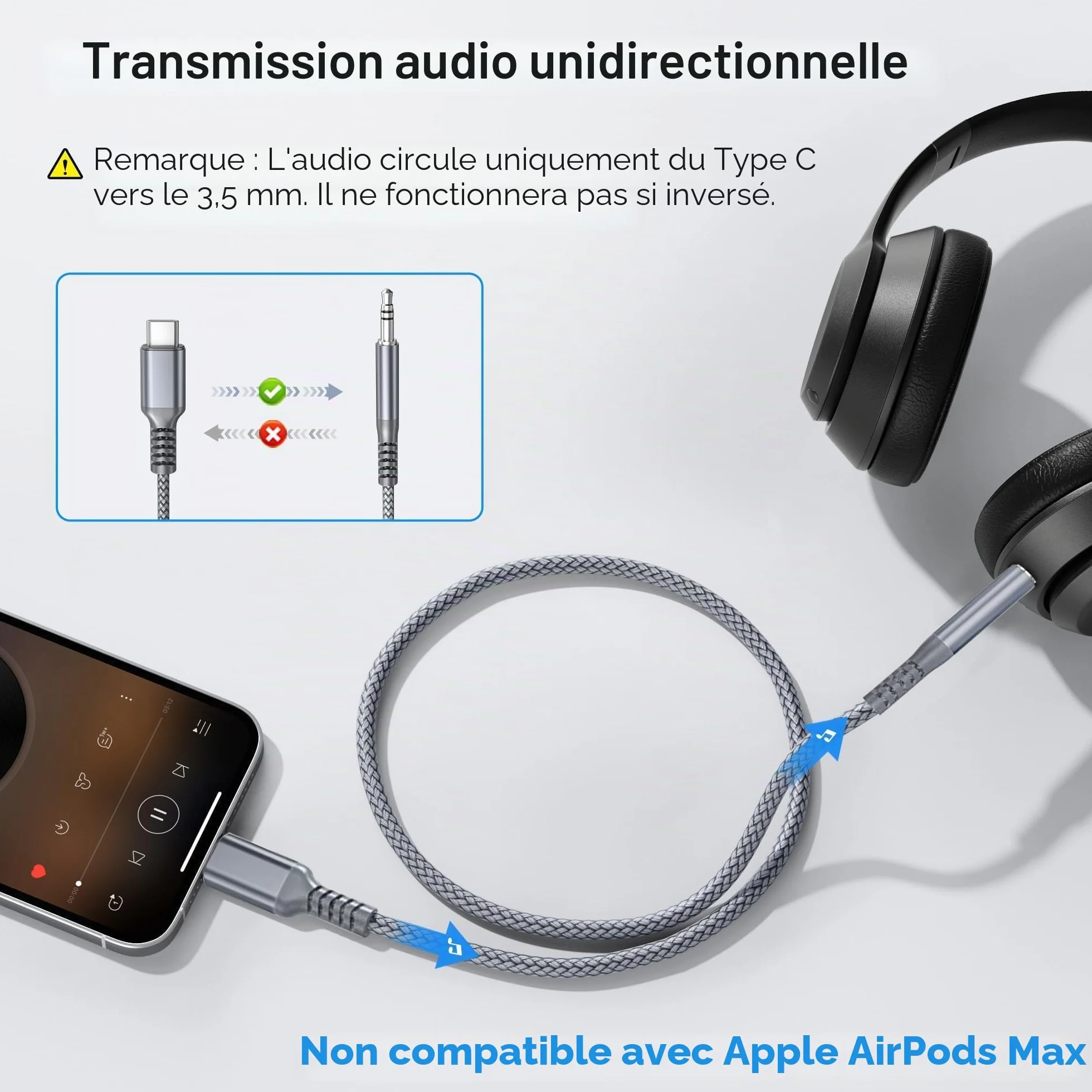 Elebase Câble USB C vers Jack 3.5mm 1.2M Adaptateur Audio pour iPhone 17 16 Pro Max, Samsung Galaxy S26 S25 S24